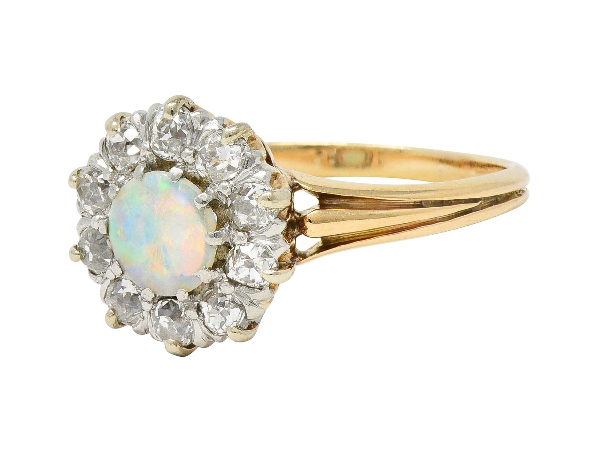 Edwardian Opal Diamond Platinum 14 Karat Yellow Gold Antique Halo Ring