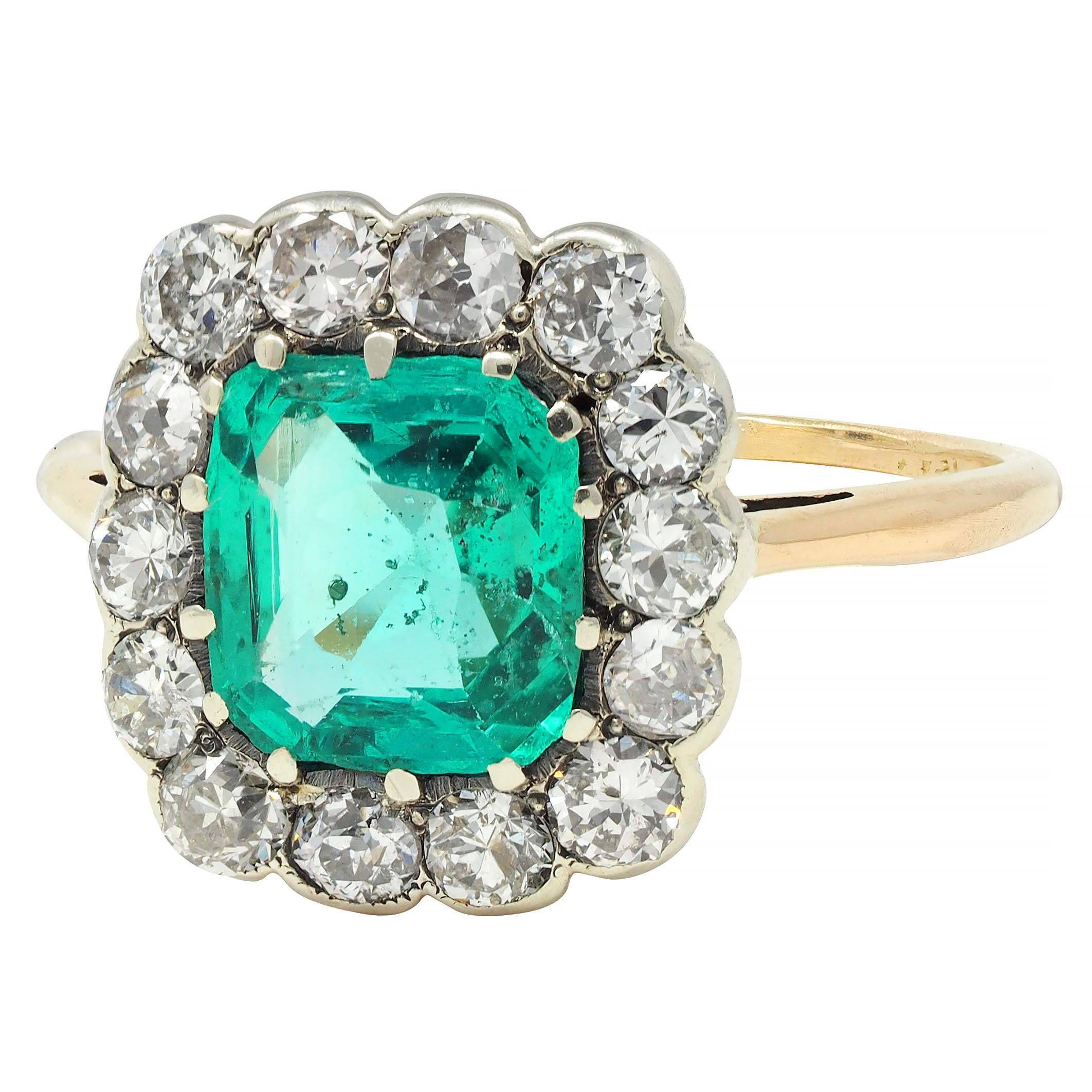 Victorian Colombian No Oil Emerald Diamond 14 Karat Gold Antique Halo Ring GIA