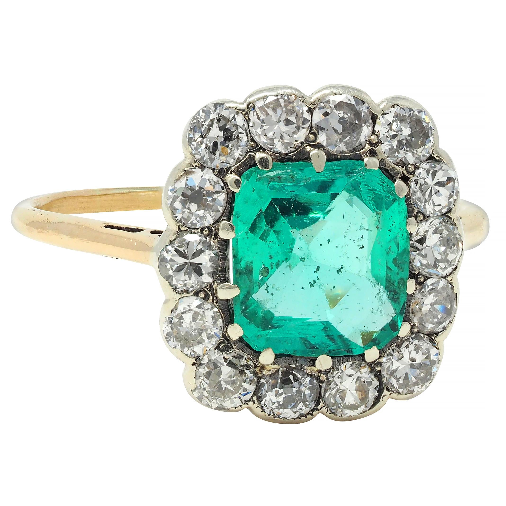 Victorian Colombian No Oil Emerald Diamond 14 Karat Gold Antique Halo Ring GIA