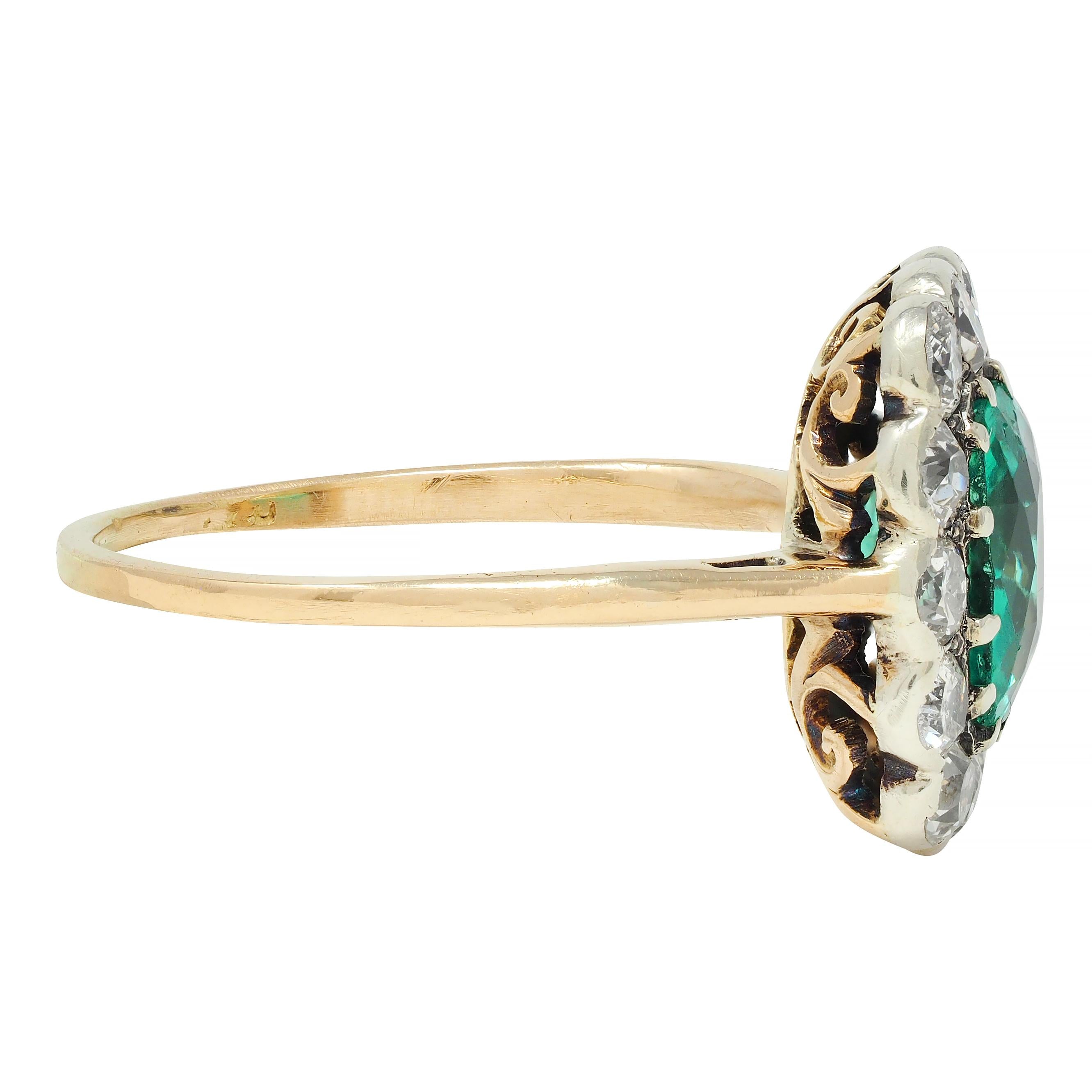 Victorian Colombian No Oil Emerald Diamond 14 Karat Gold Antique Halo Ring GIA