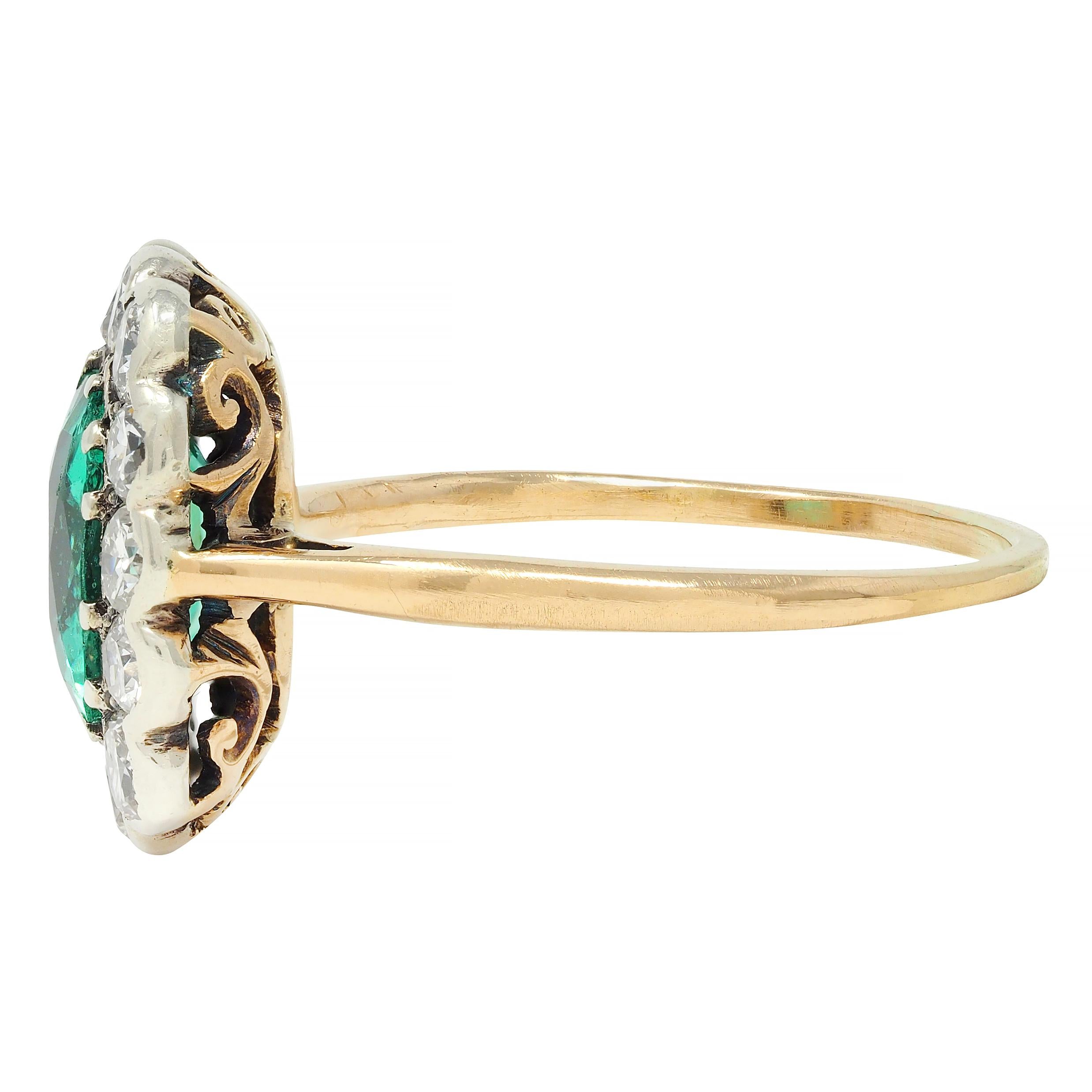 Victorian Colombian No Oil Emerald Diamond 14 Karat Gold Antique Halo Ring GIA