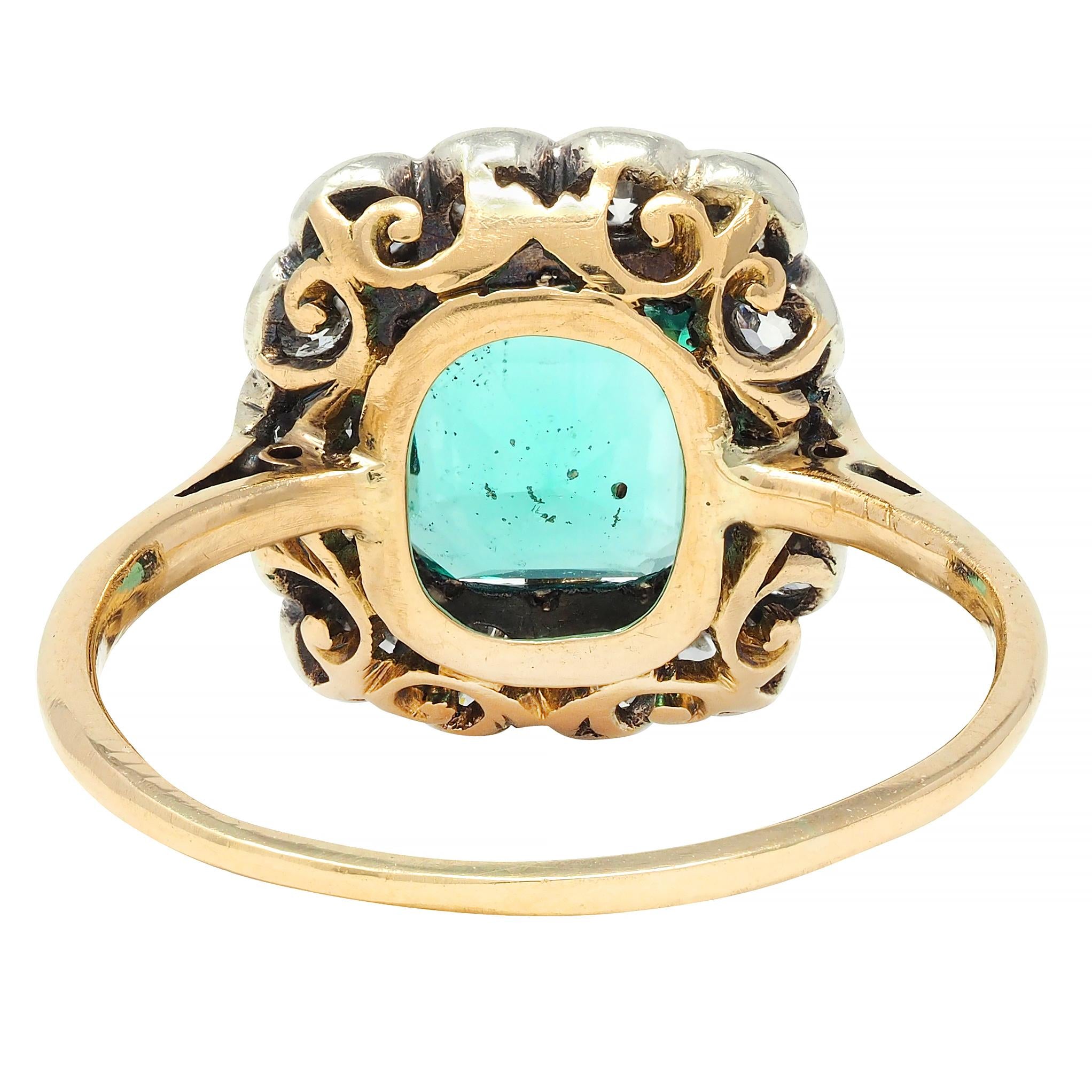 Victorian Colombian No Oil Emerald Diamond 14 Karat Gold Antique Halo Ring GIA