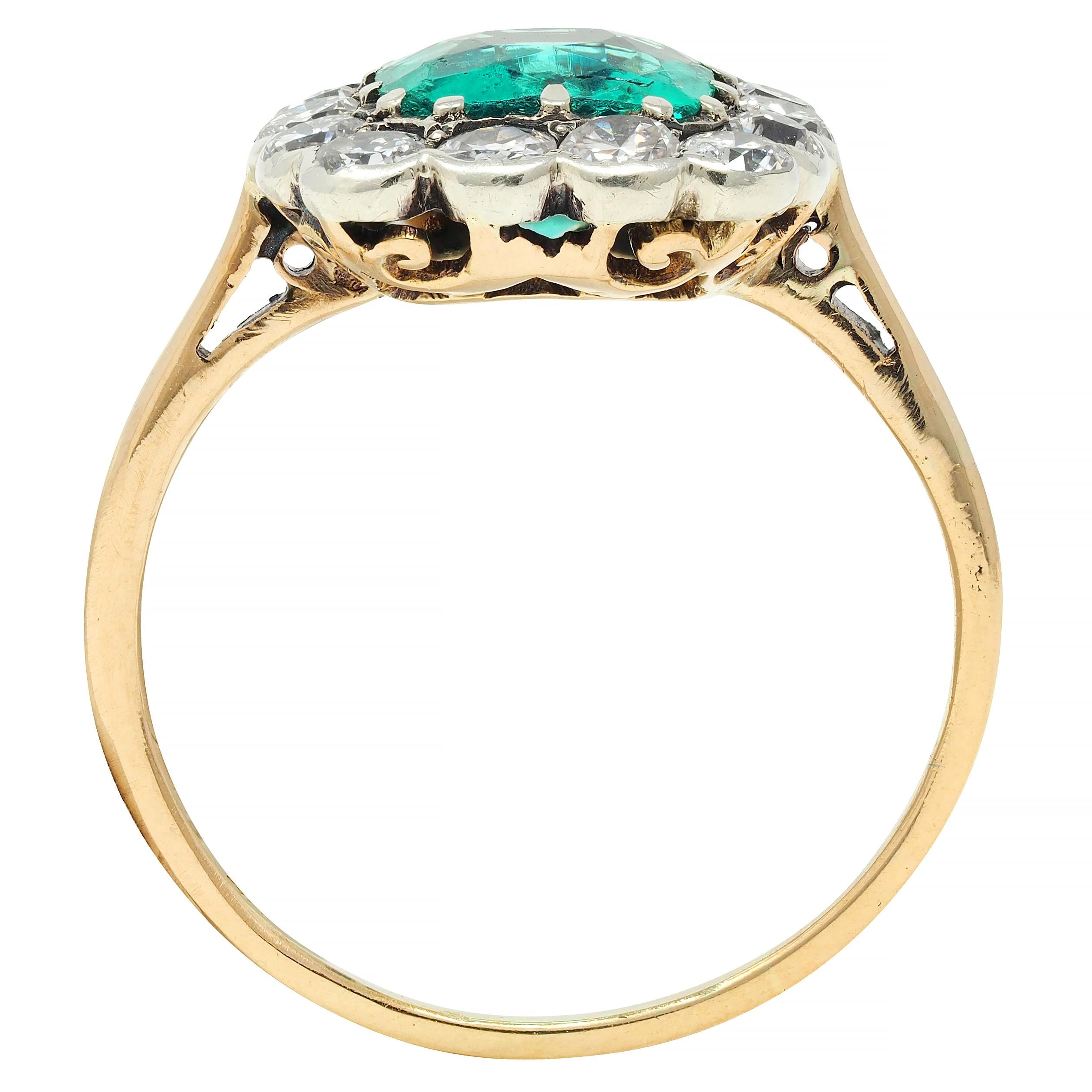 Victorian Colombian No Oil Emerald Diamond 14 Karat Gold Antique Halo Ring GIA