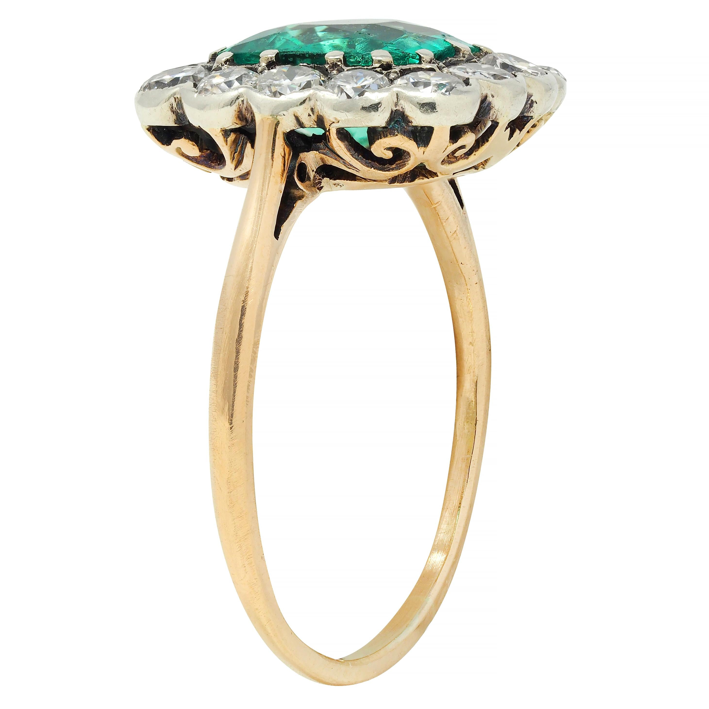 Victorian Colombian No Oil Emerald Diamond 14 Karat Gold Antique Halo Ring GIA