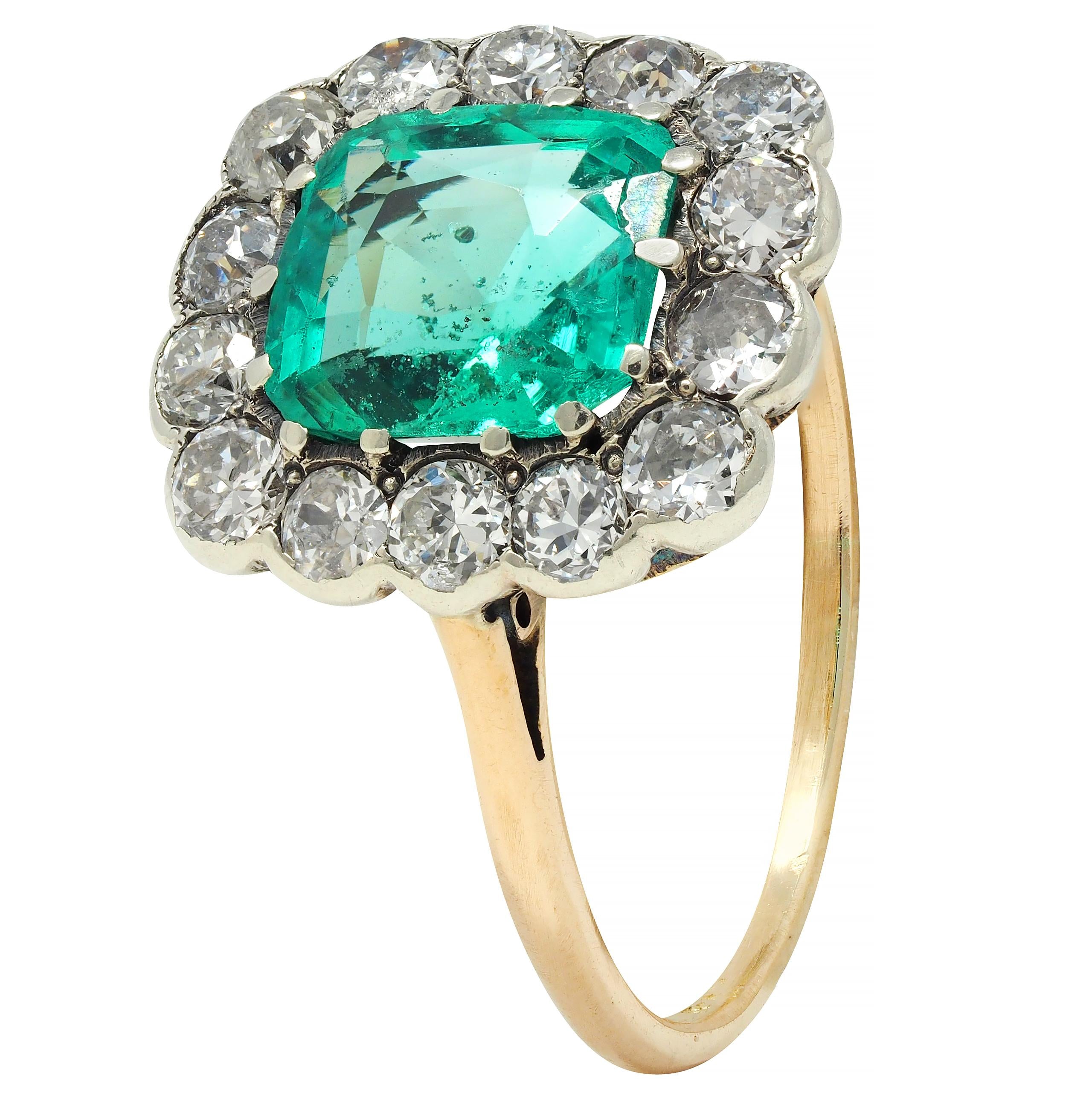 Victorian Colombian No Oil Emerald Diamond 14 Karat Gold Antique Halo Ring GIA