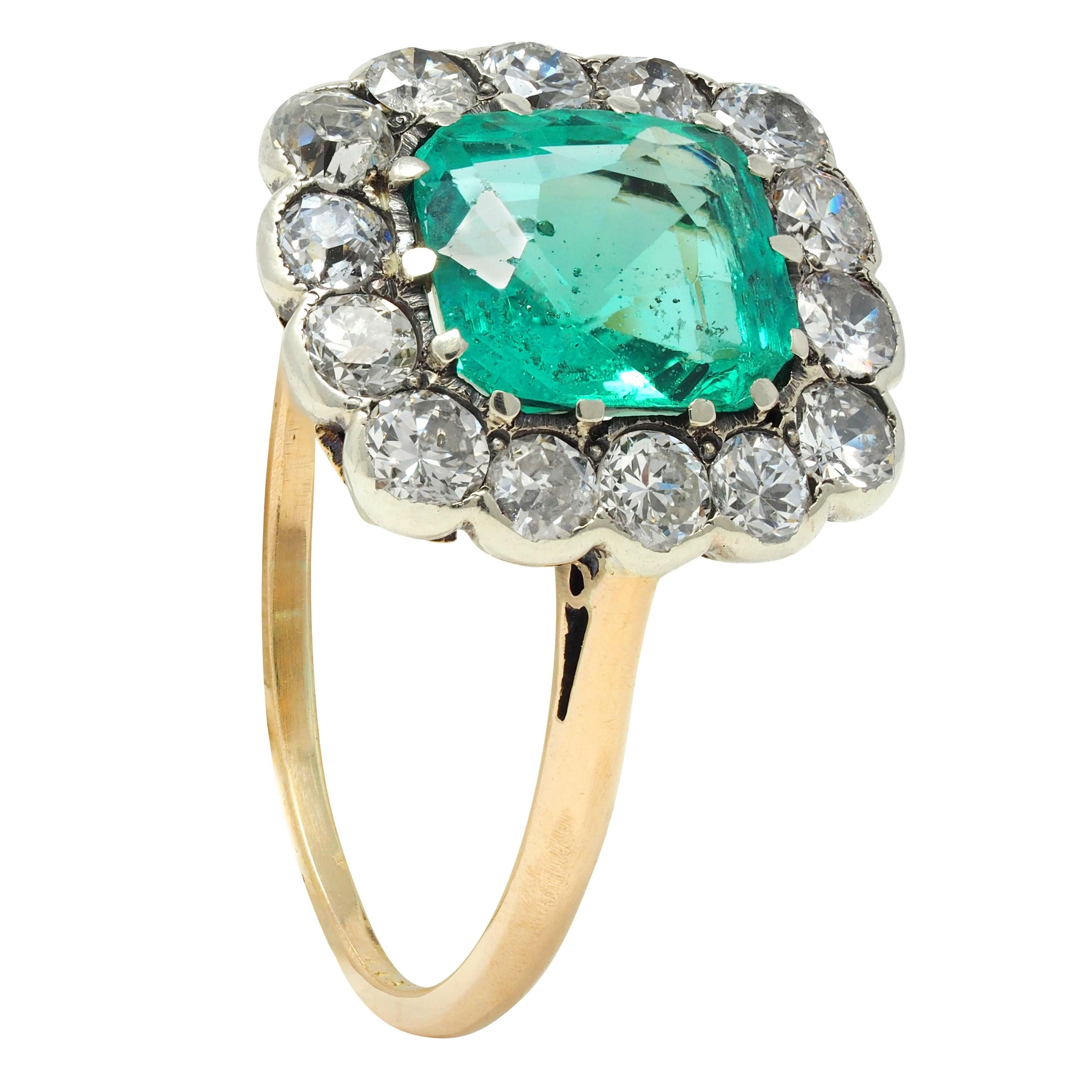 Victorian Colombian No Oil Emerald Diamond 14 Karat Gold Antique Halo Ring GIA