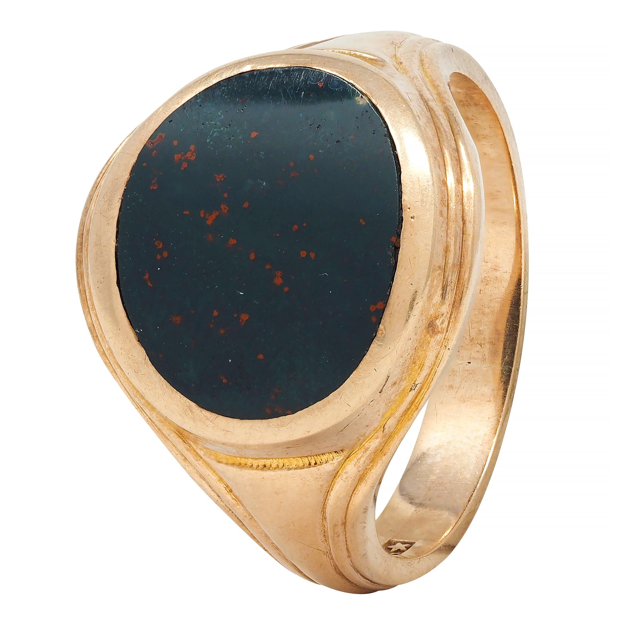 Allsop Bros. Early Art Deco Bloodstone 14 Karat Yellow Gold Antique Signet Ring