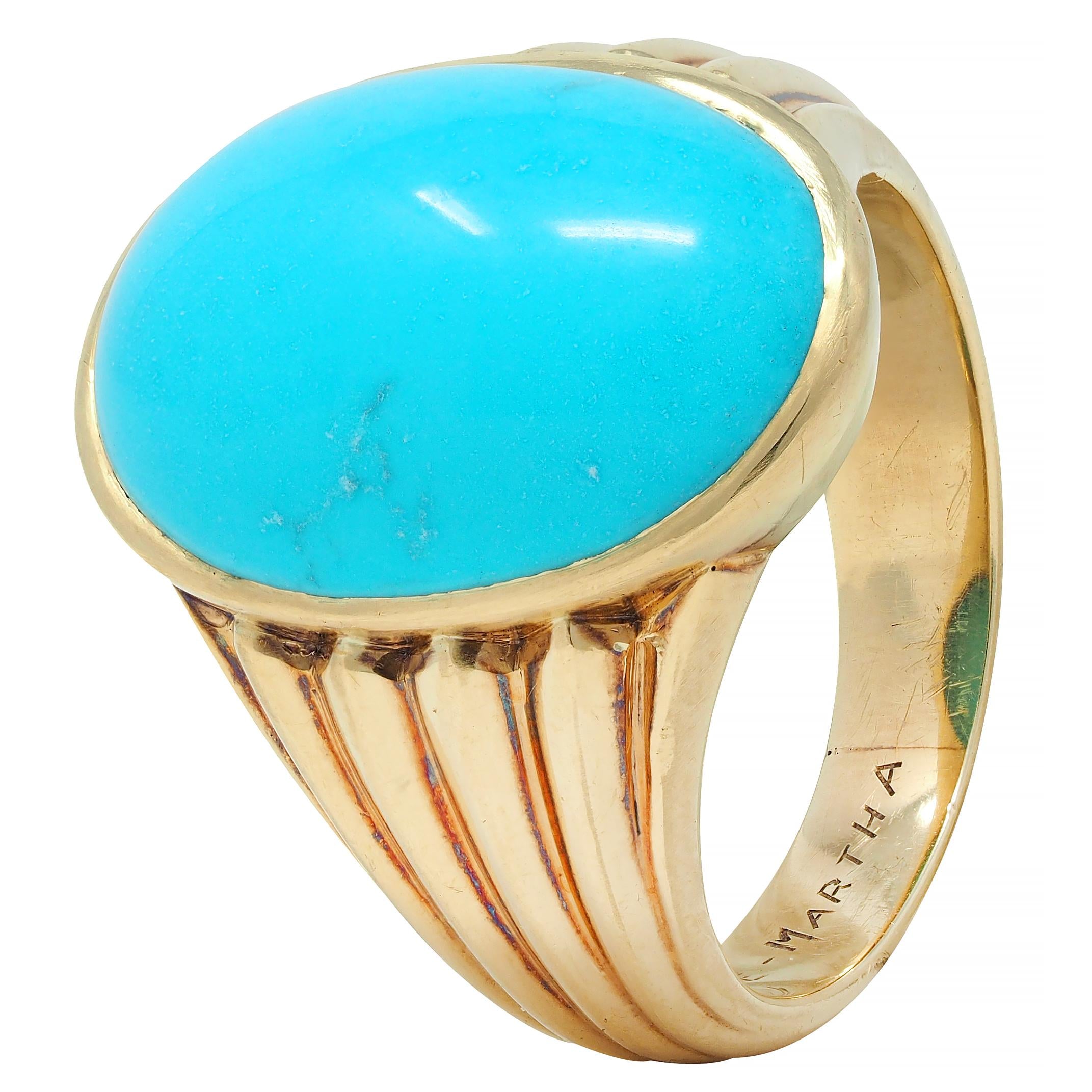Retro Jones Woodland Turquoise 14 Karat Yellow Gold Fanning Vintage Signet Ring