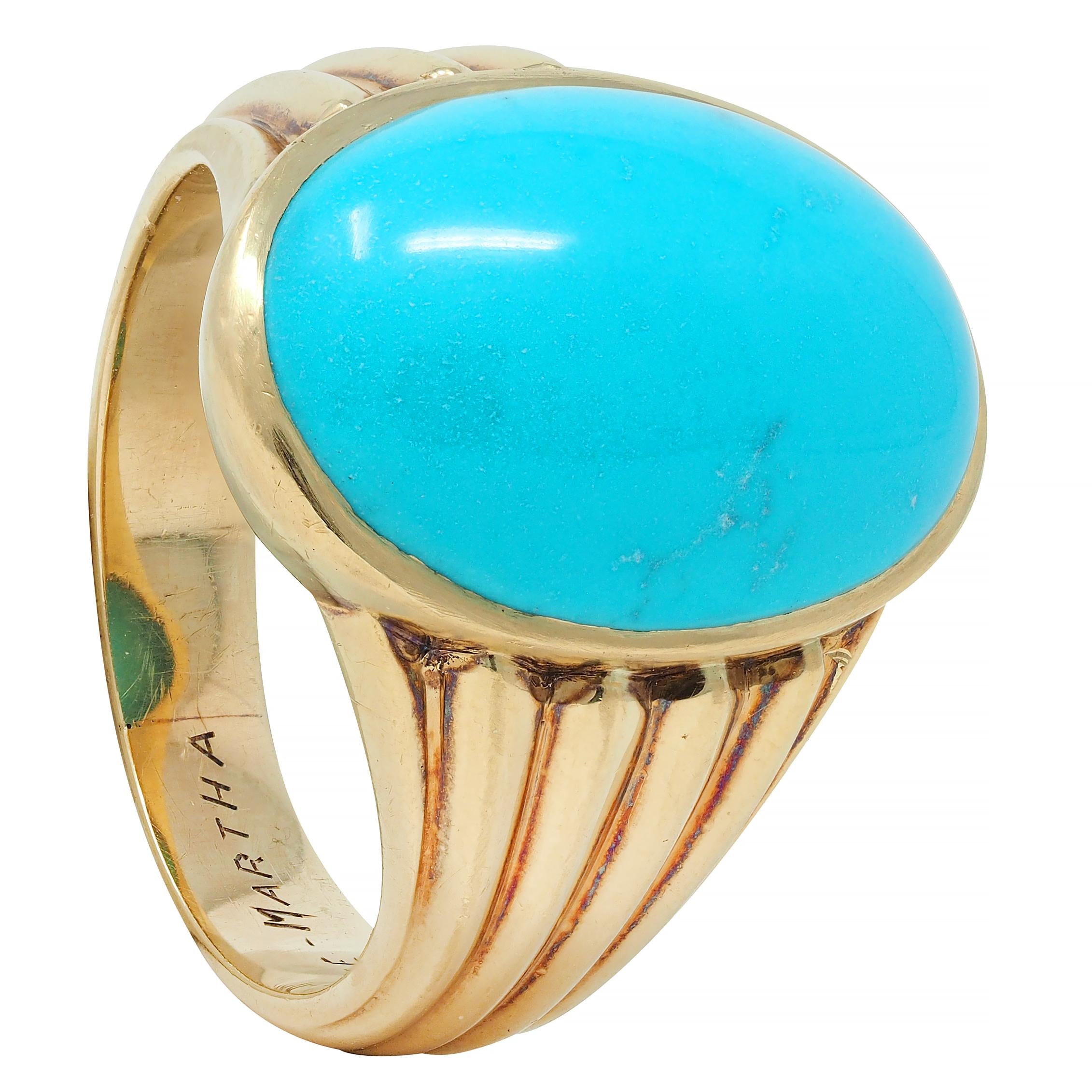 Retro Jones Woodland Turquoise 14 Karat Yellow Gold Fanning Vintage Signet Ring