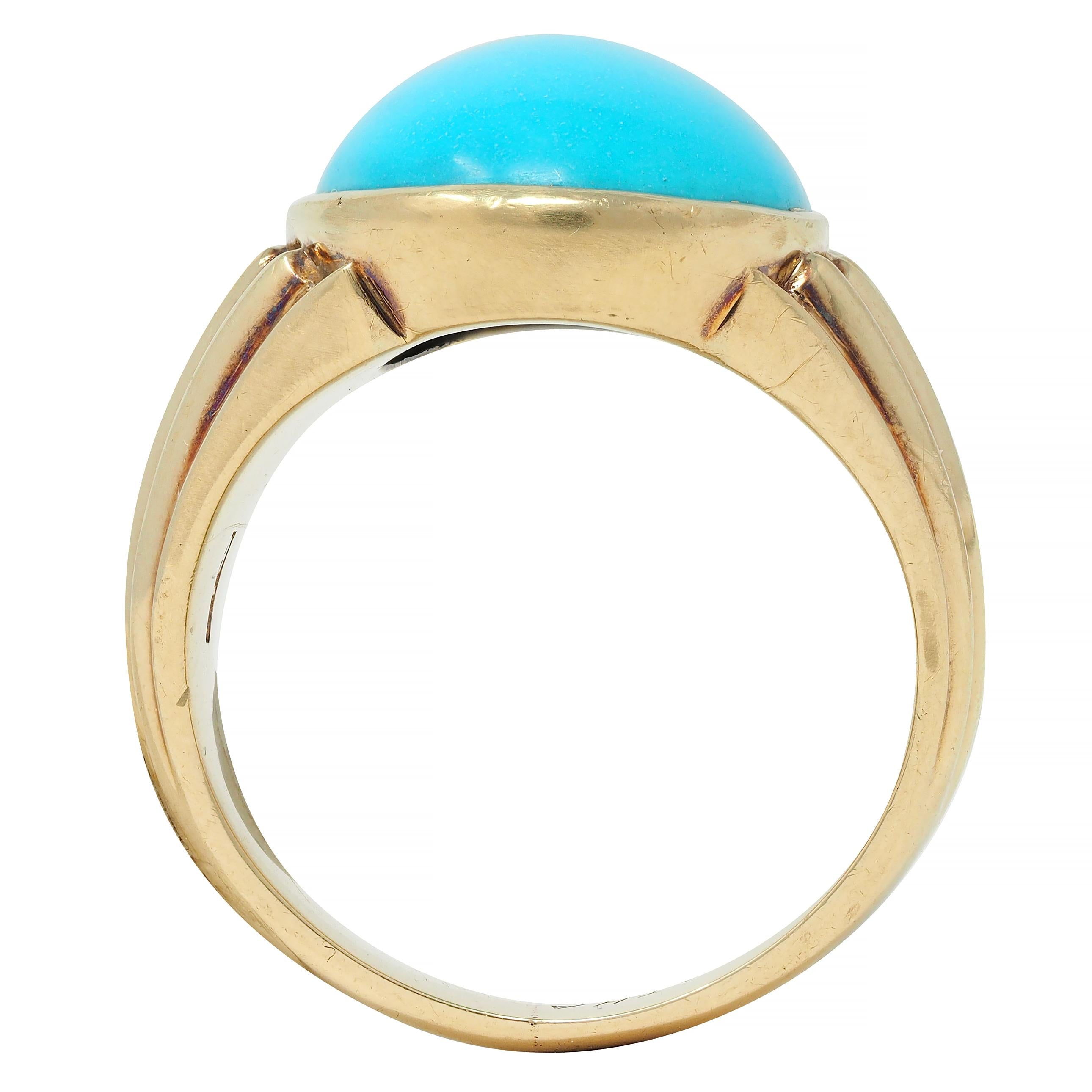 Retro Jones Woodland Turquoise 14 Karat Yellow Gold Fanning Vintage Signet Ring