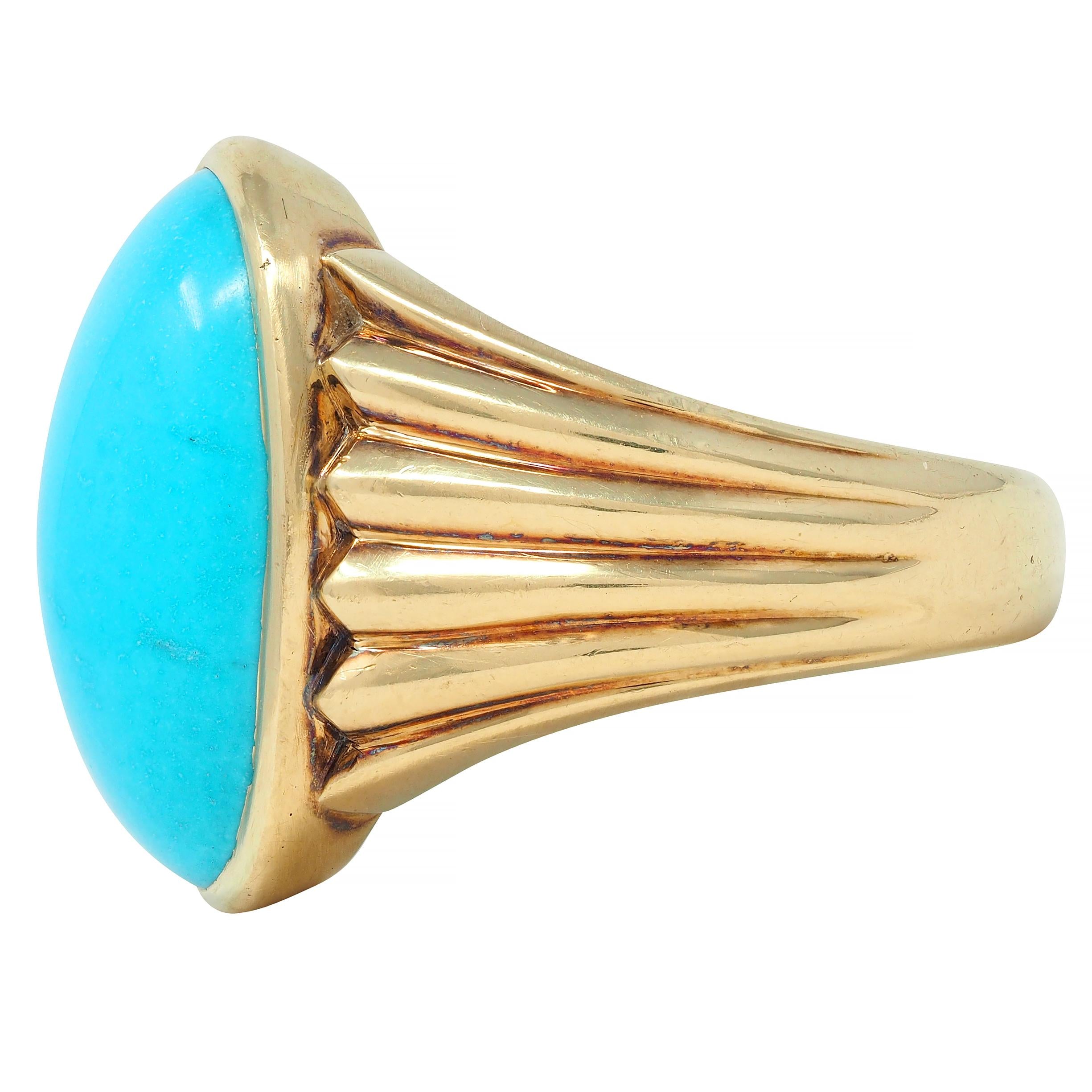 Retro Jones Woodland Turquoise 14 Karat Yellow Gold Fanning Vintage Signet Ring
