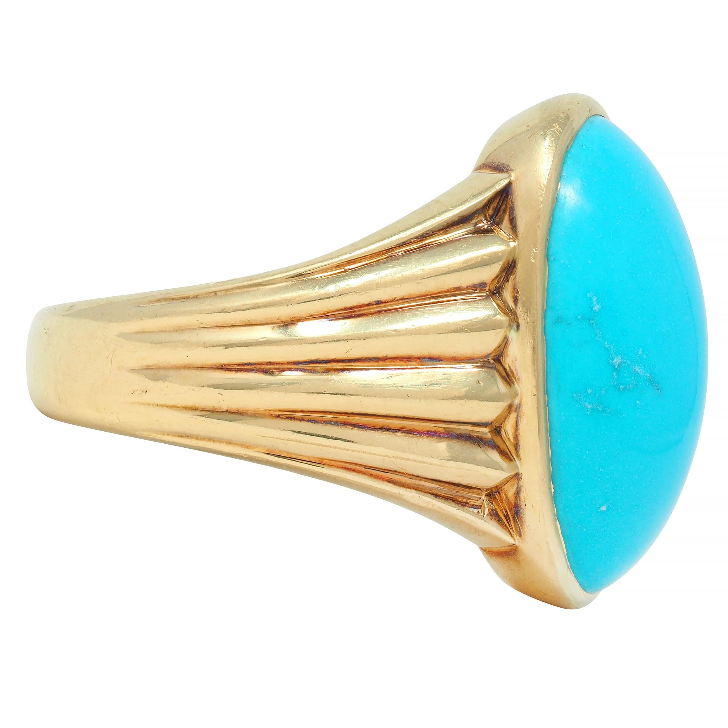 Retro Jones Woodland Turquoise 14 Karat Yellow Gold Fanning Vintage Signet Ring