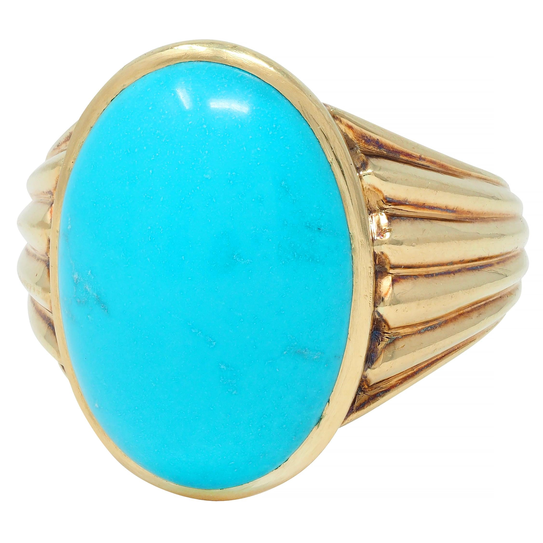 Retro Jones Woodland Turquoise 14 Karat Yellow Gold Fanning Vintage Signet Ring