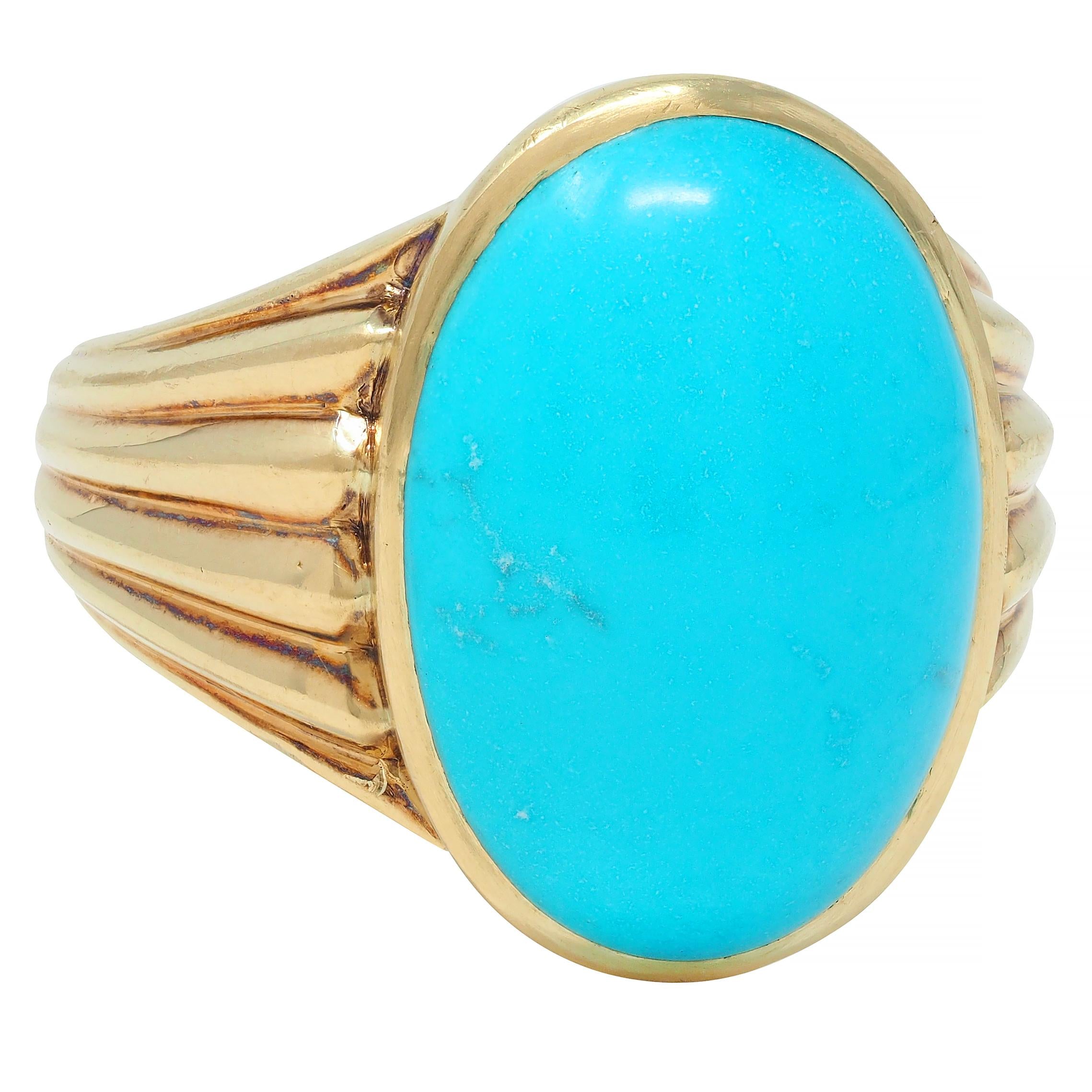 Retro Jones Woodland Turquoise 14 Karat Yellow Gold Fanning Vintage Signet Ring