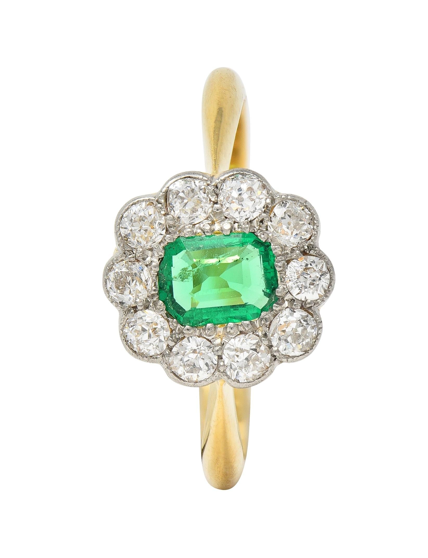Edwardian Emerald Diamond Platinum 18 Karat Yellow Gold Antique Halo Ring
