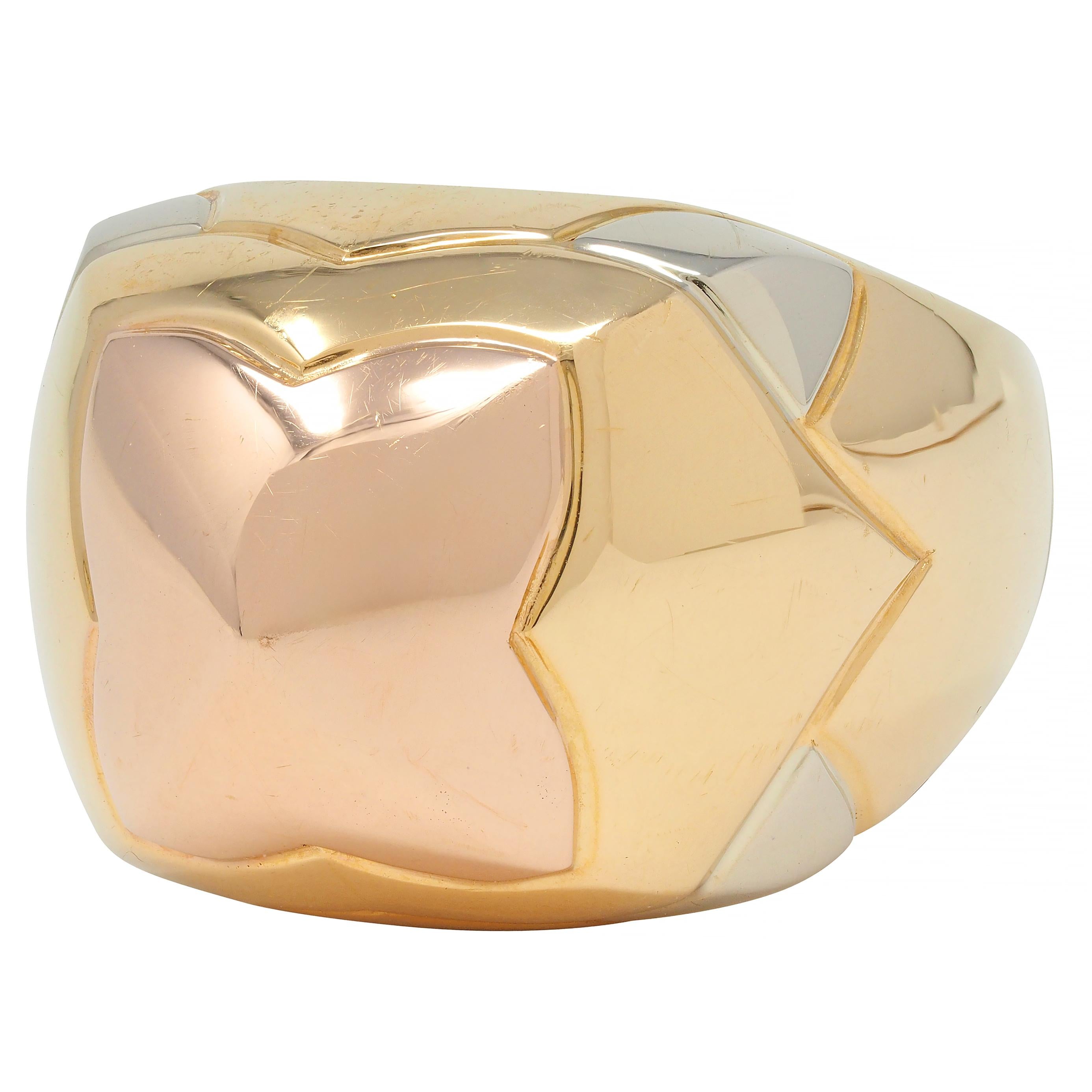 Bulgari French 18 Karat Tri Rose Yellow White Gold Pyramid Quatrefoil Dome Ring
