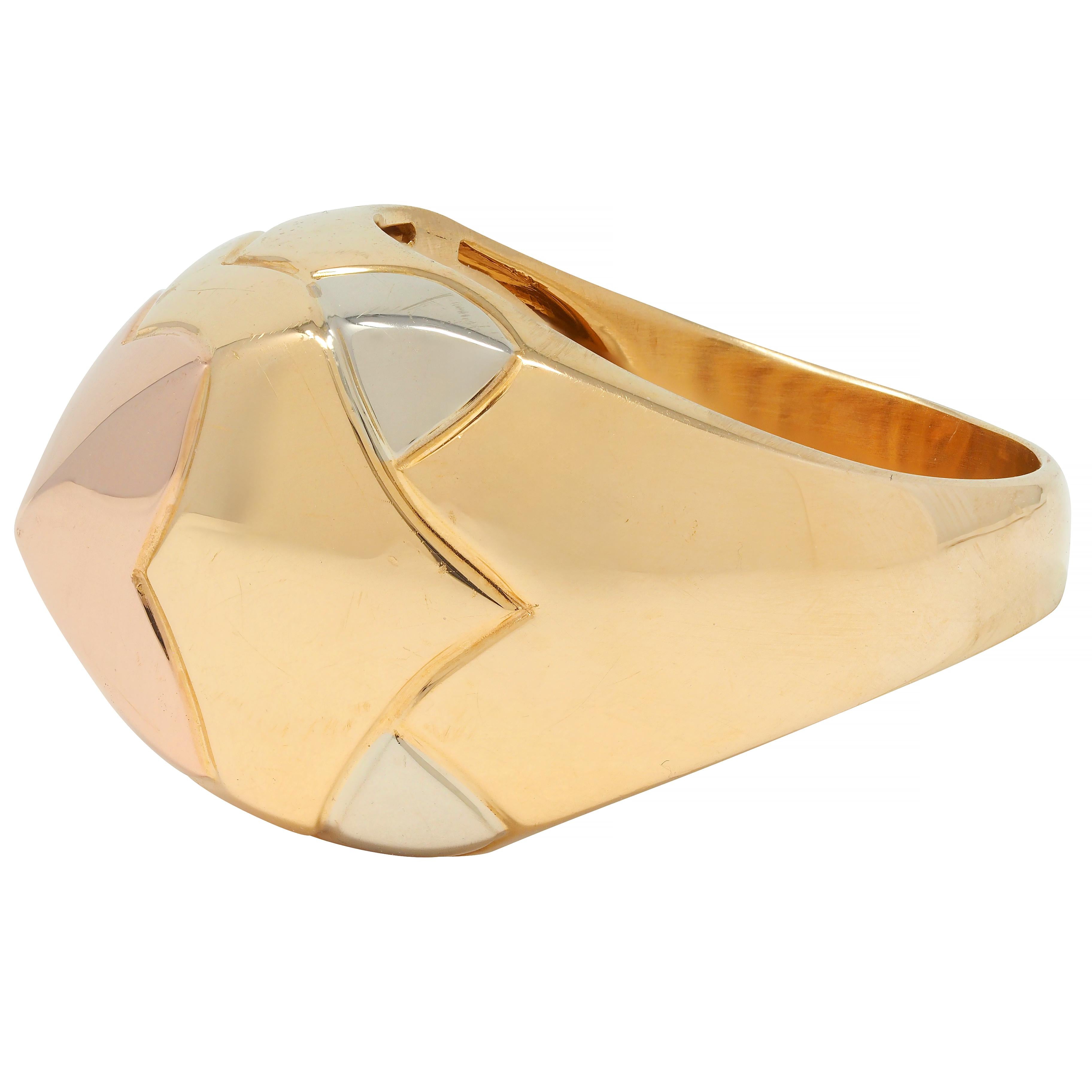 Bulgari French 18 Karat Tri Rose Yellow White Gold Pyramid Quatrefoil Dome Ring