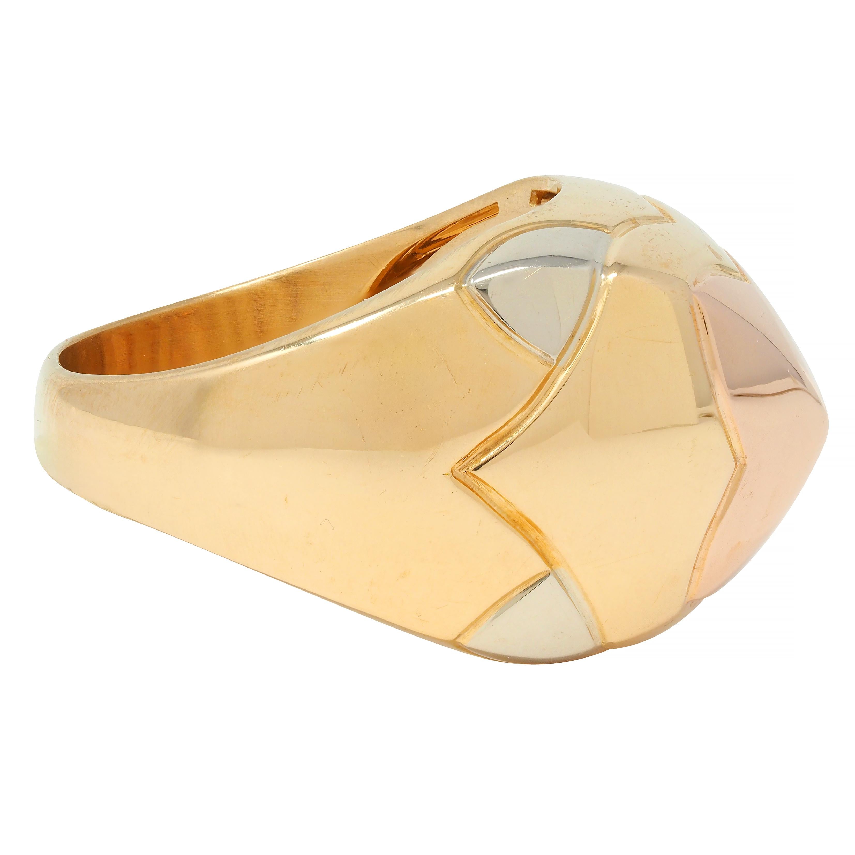Bulgari French 18 Karat Tri Rose Yellow White Gold Pyramid Quatrefoil Dome Ring