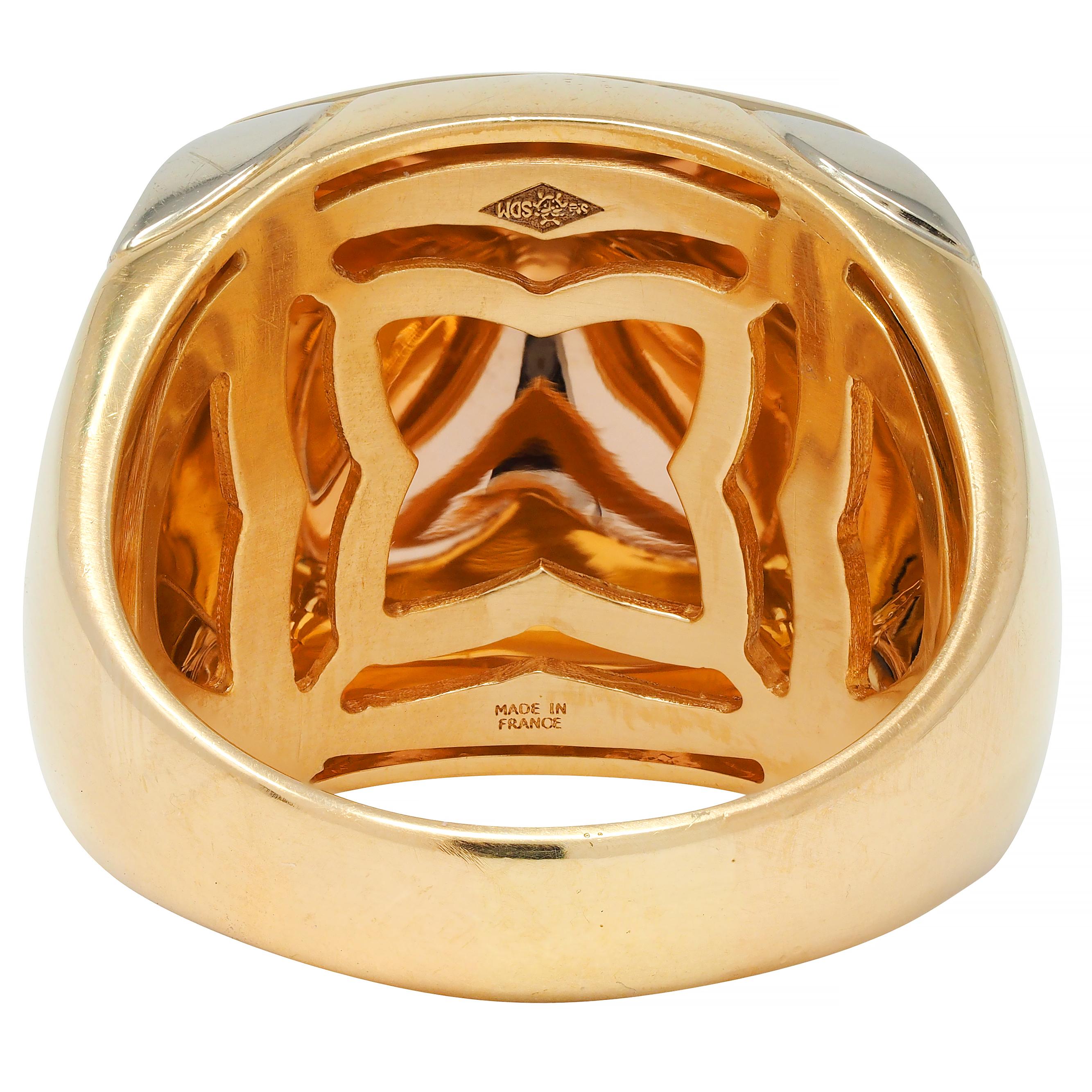 Bulgari French 18 Karat Tri Rose Yellow White Gold Pyramid Quatrefoil Dome Ring