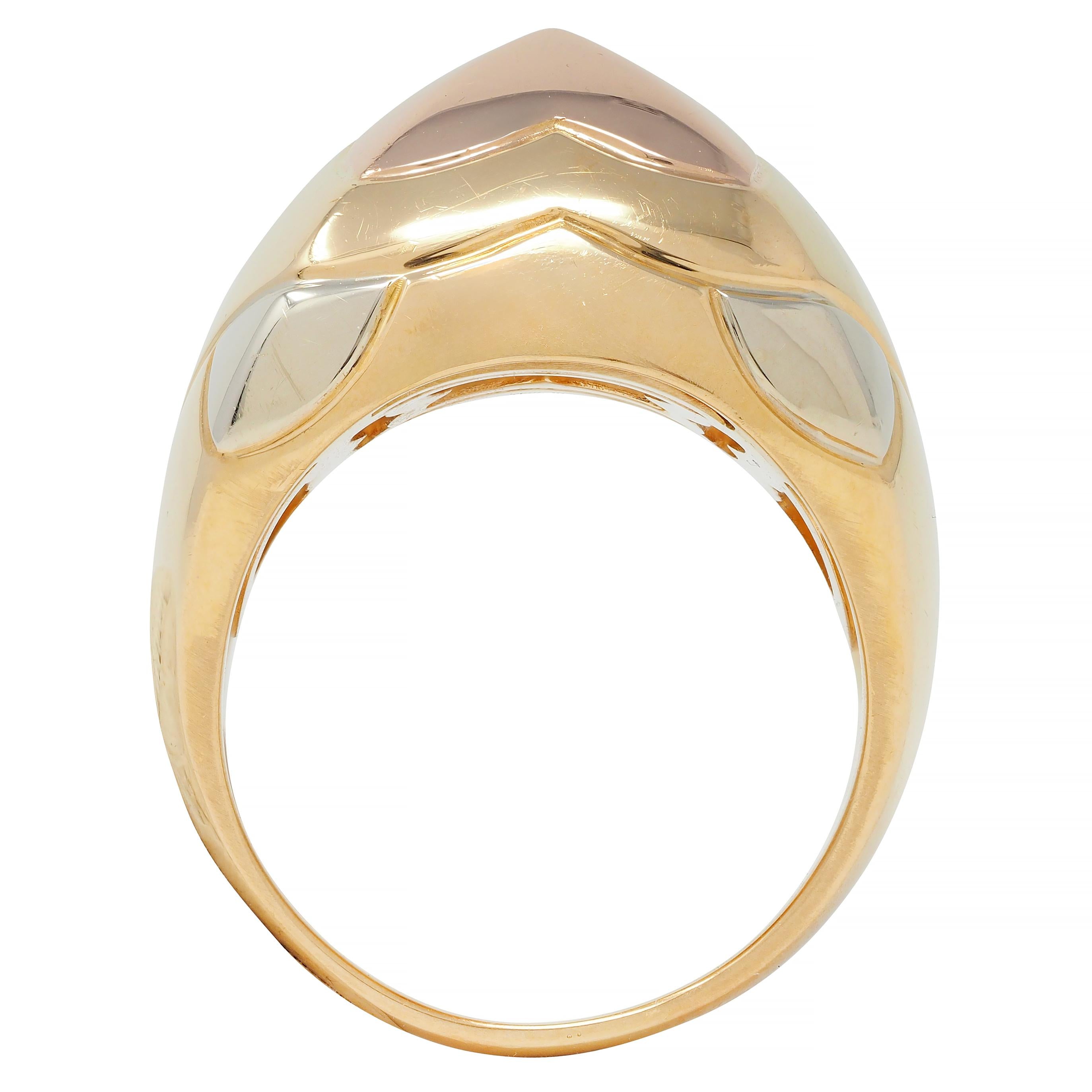 Bulgari French 18 Karat Tri Rose Yellow White Gold Pyramid Quatrefoil Dome Ring