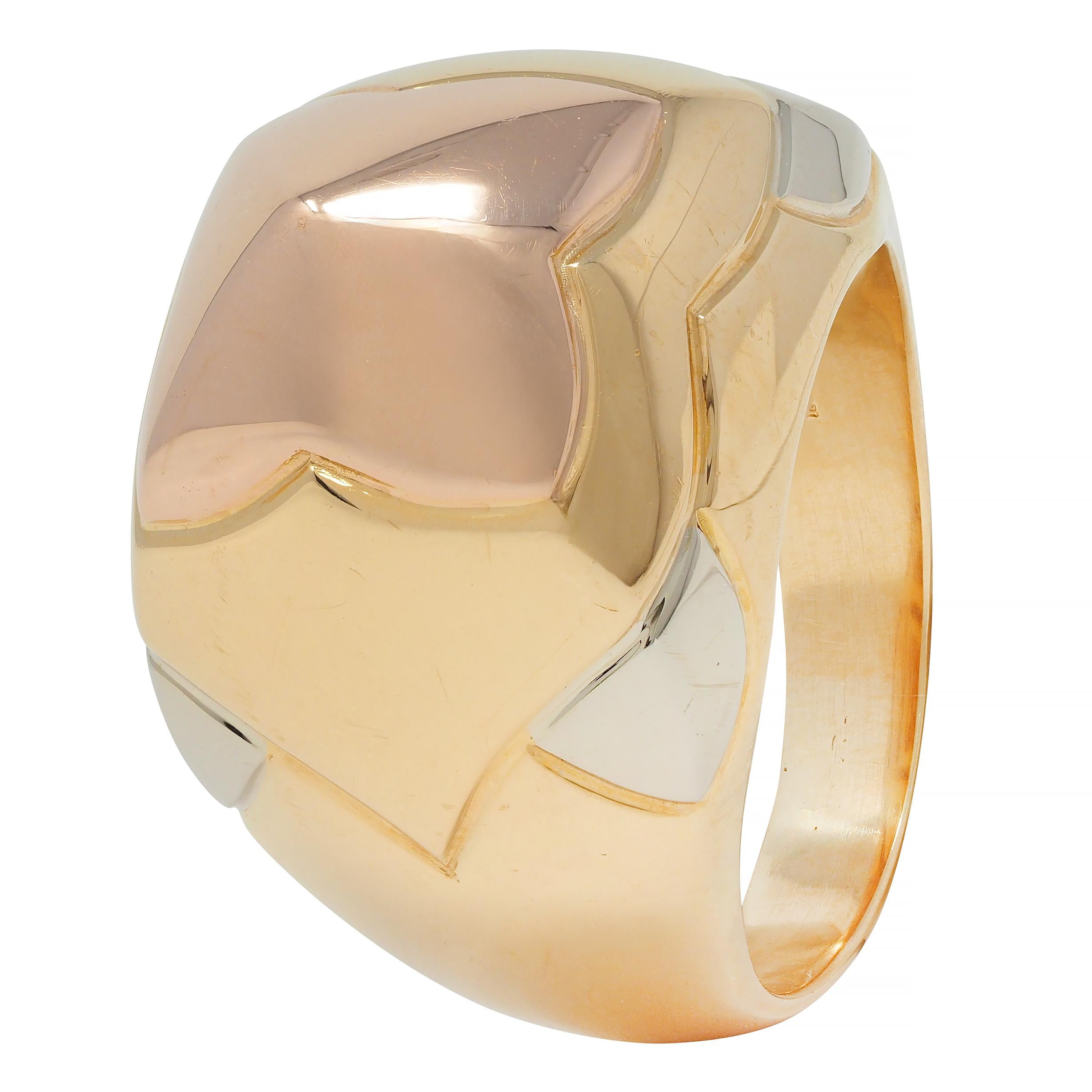 Bulgari French 18 Karat Tri Rose Yellow White Gold Pyramid Quatrefoil Dome Ring