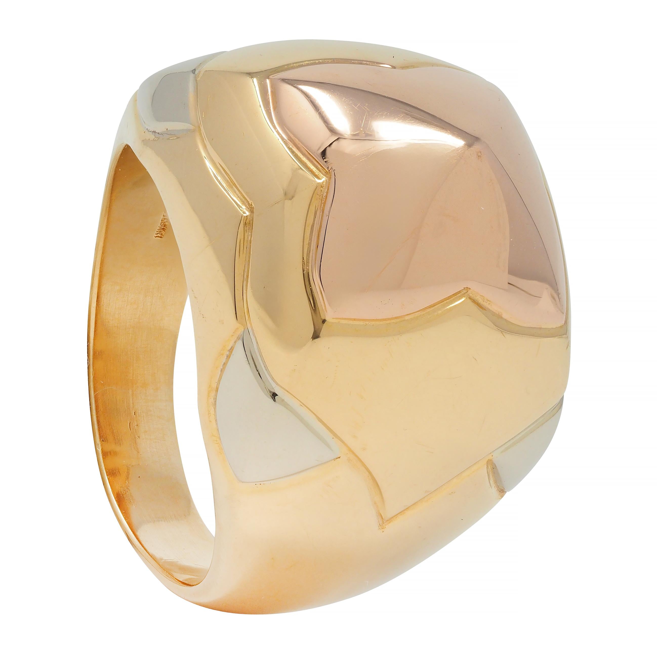 Bulgari French 18 Karat Tri Rose Yellow White Gold Pyramid Quatrefoil Dome Ring