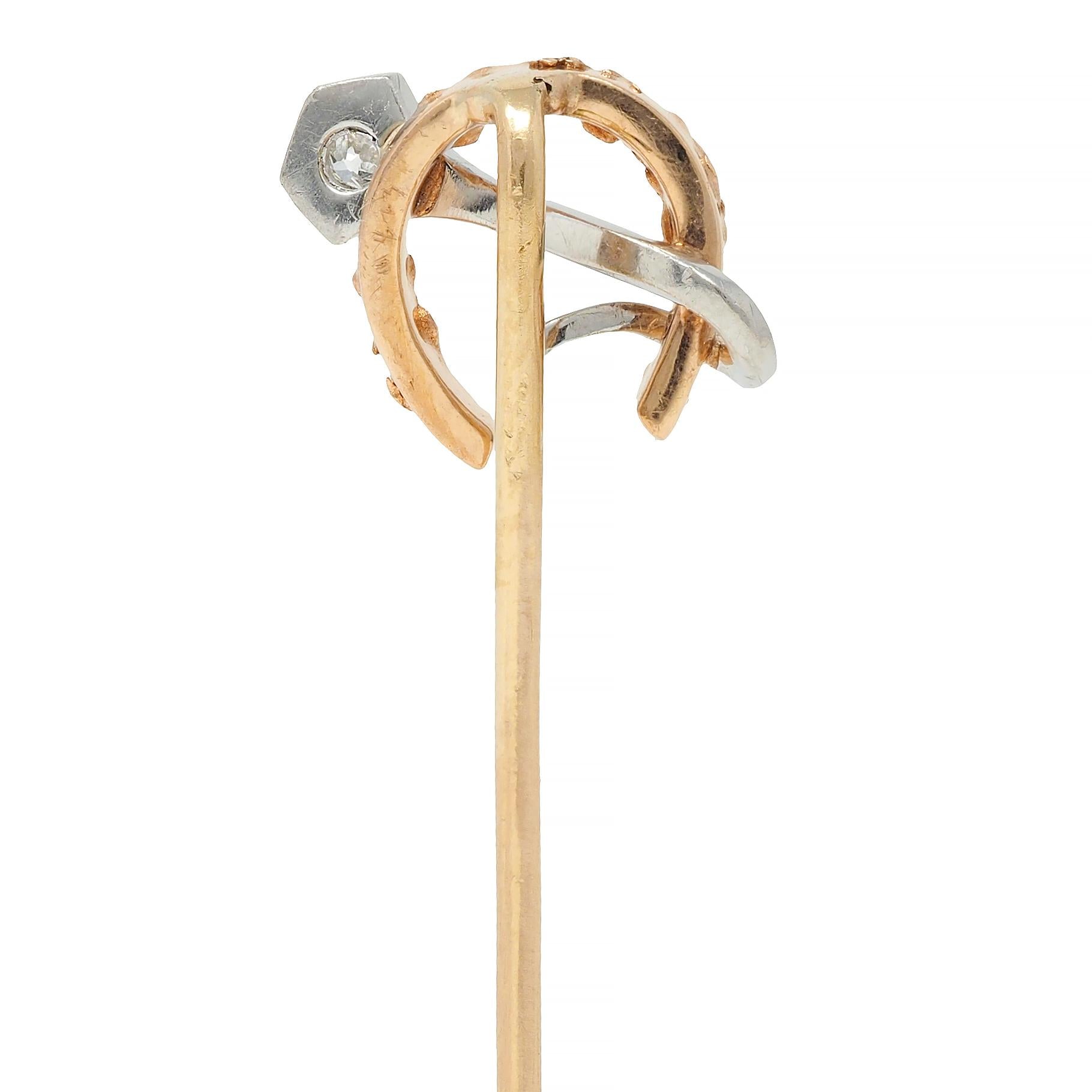 Edwardian Diamond Platinum 18 Karat Gold Antique Horseshoe Stake Stickpin