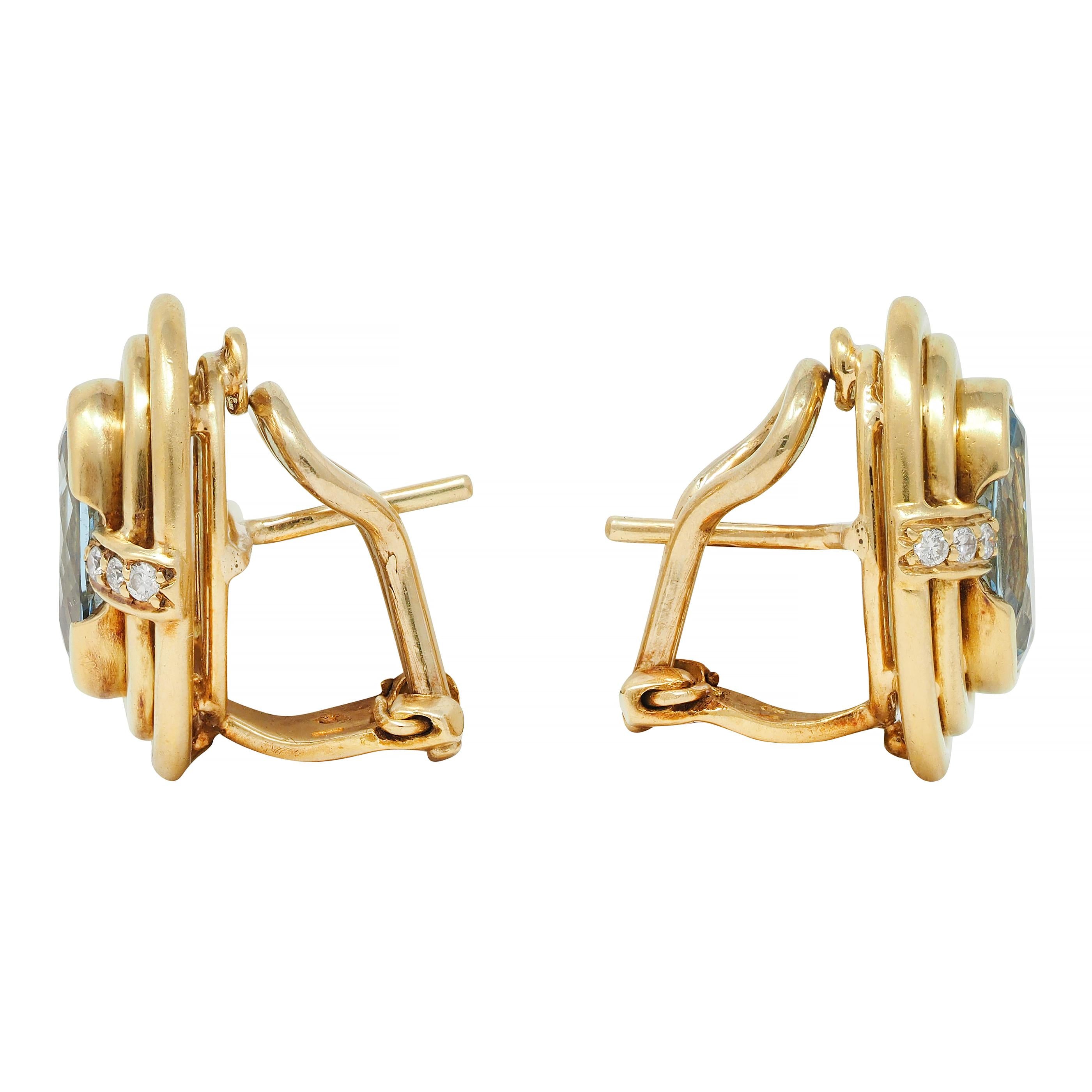 1960's 2.28 CTW Aquamarine Diamond 18 Karat Yellow Gold Vintage Earrings