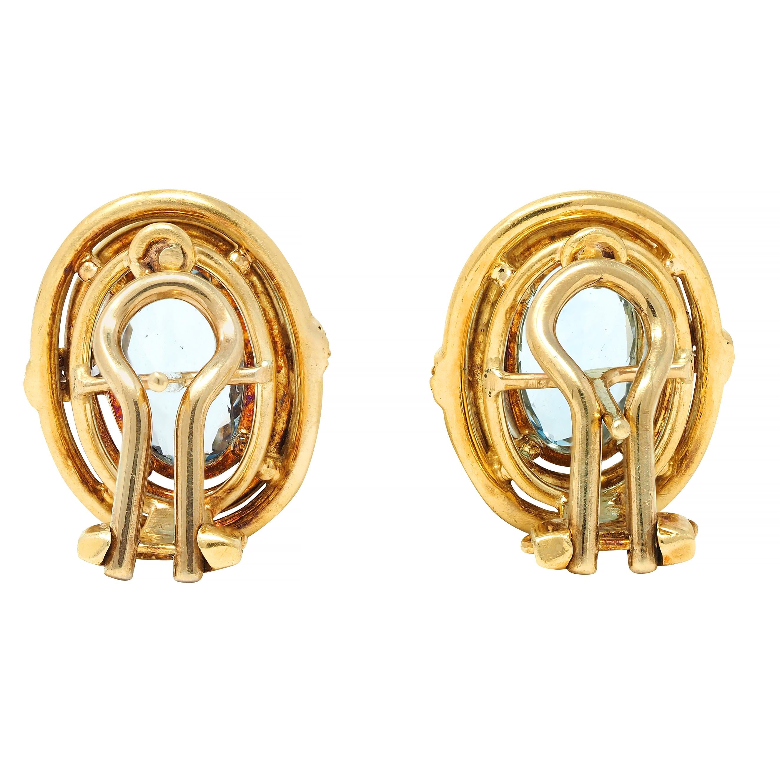 1960's 2.28 CTW Aquamarine Diamond 18 Karat Yellow Gold Vintage Earrings