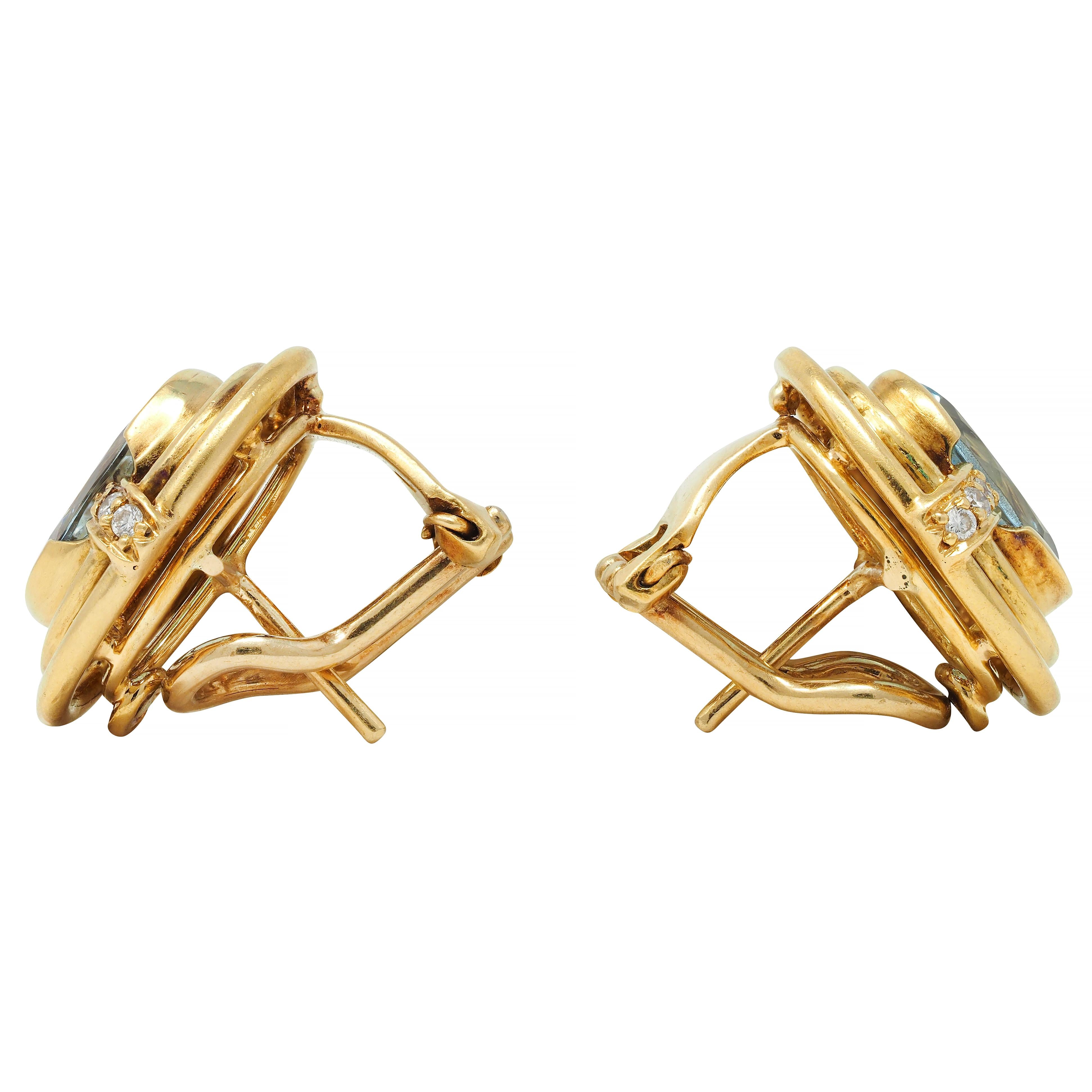 1960's 2.28 CTW Aquamarine Diamond 18 Karat Yellow Gold Vintage Earrings