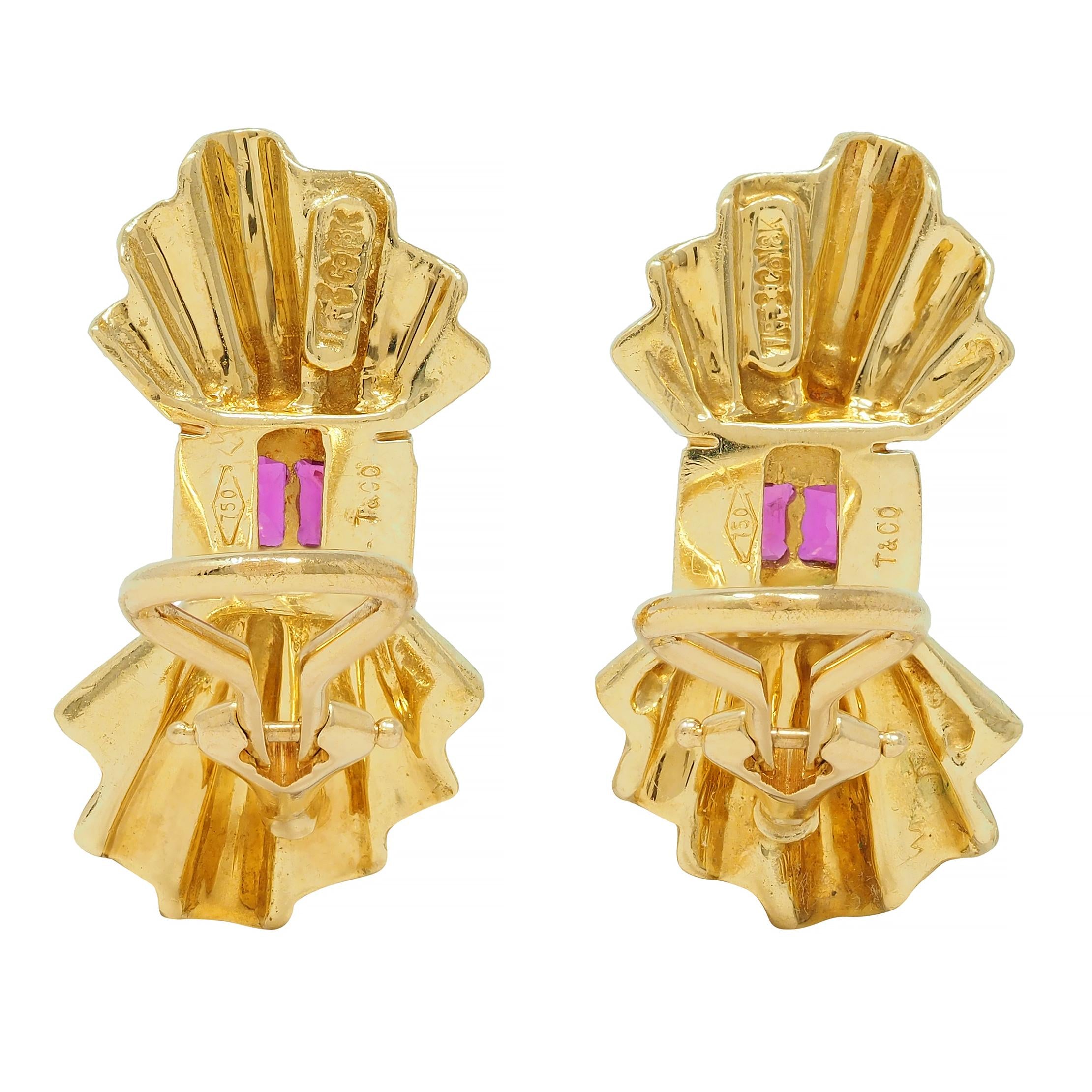 Tiffany & Co. Mid-Century Ruby 18 Karat Yellow Gold Fanning Vintage Earrings