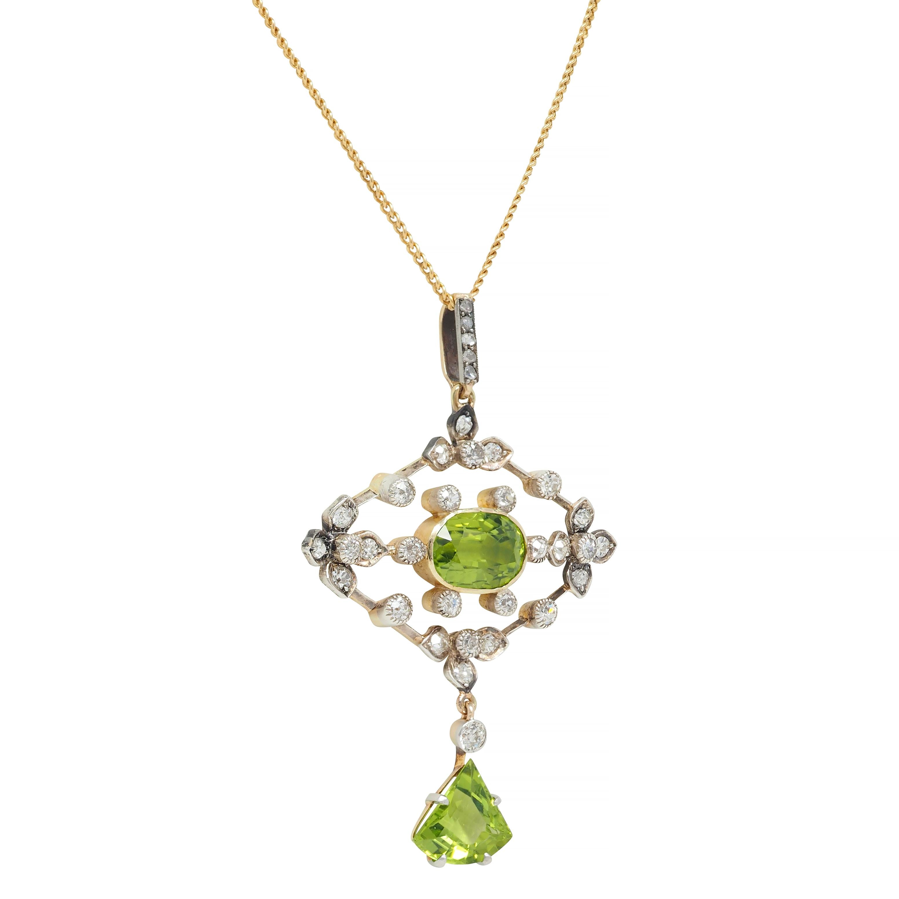 Edwardian Peridot Diamond 18 Karat Gold Silver Floral Drop Pendant Necklace