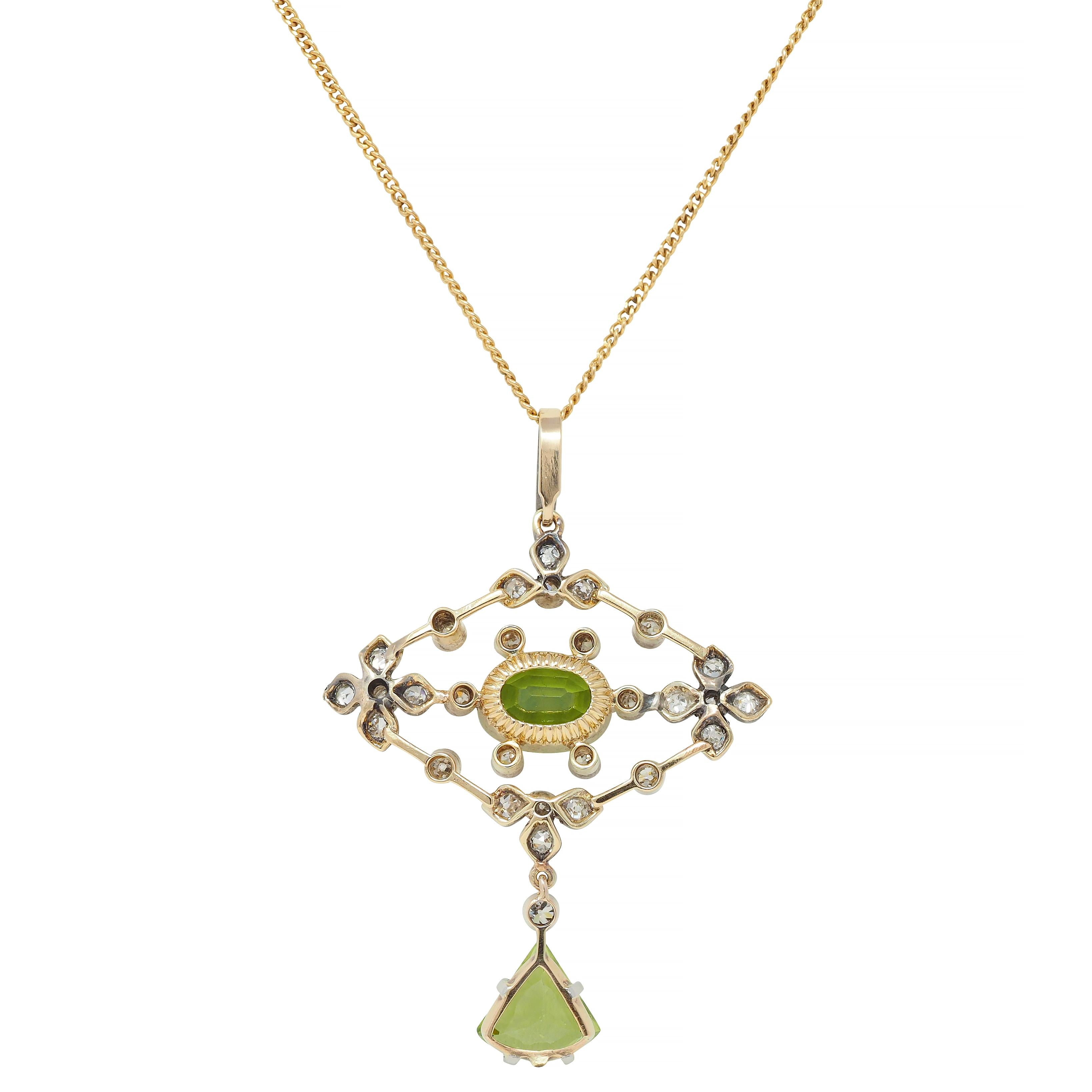 Edwardian Peridot Diamond 18 Karat Gold Silver Floral Drop Pendant Necklace