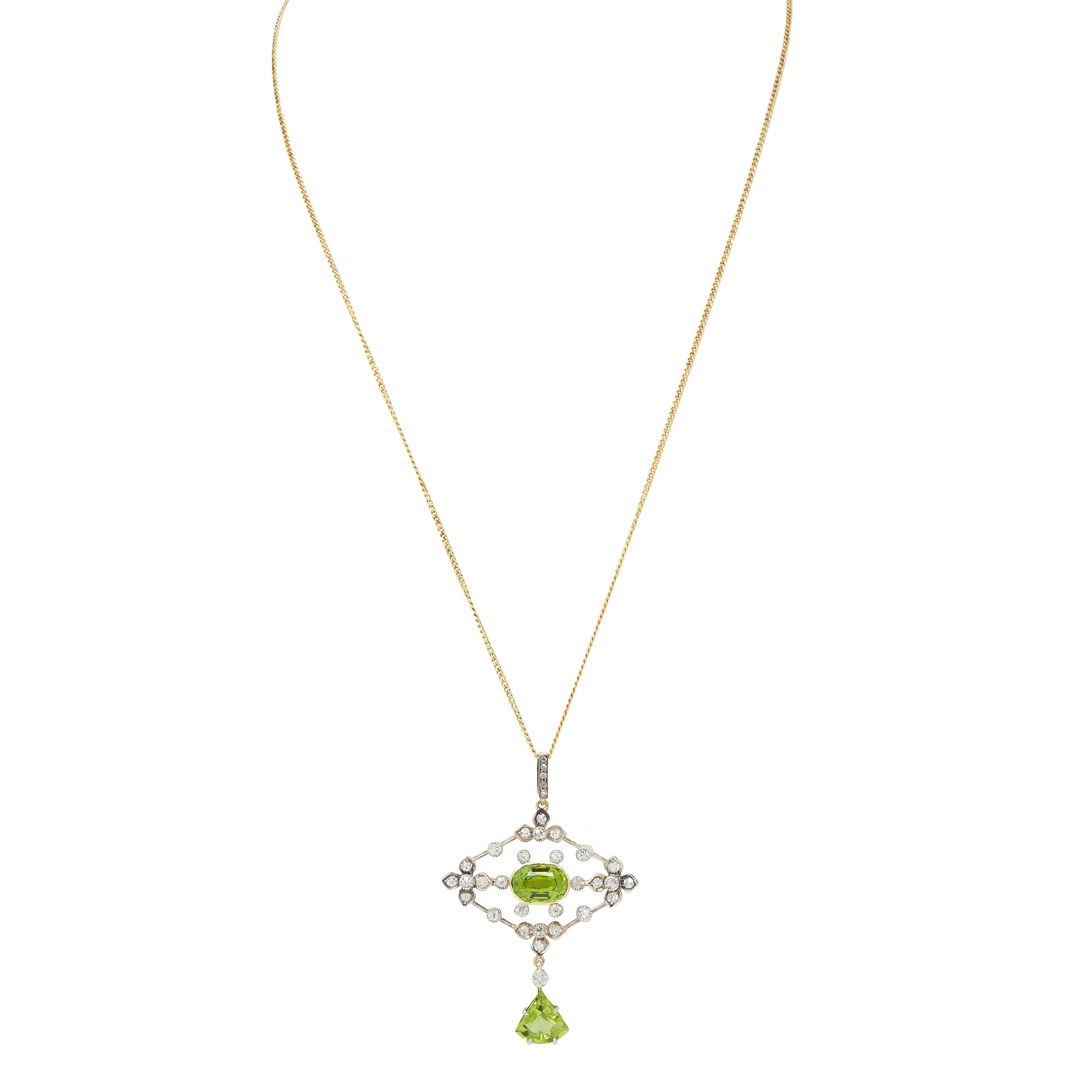 Edwardian Peridot Diamond 18 Karat Gold Silver Floral Drop Pendant Necklace