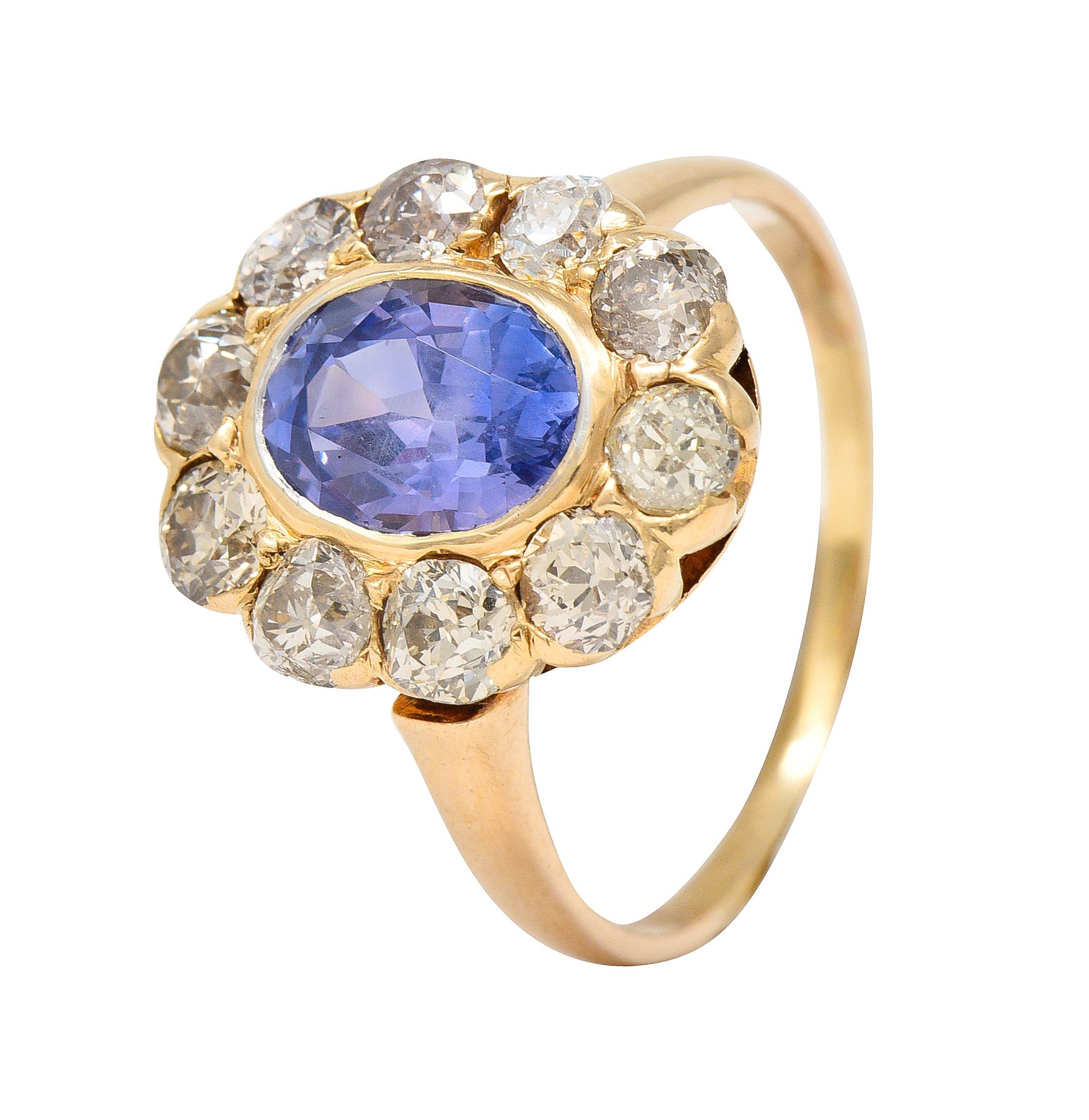 Victorian 3.18 CTW No Heat Ceylon Sapphire Diamond 14 Karat Yellow Gold Cluster Ring GIA Wilson's Estate Jewelry