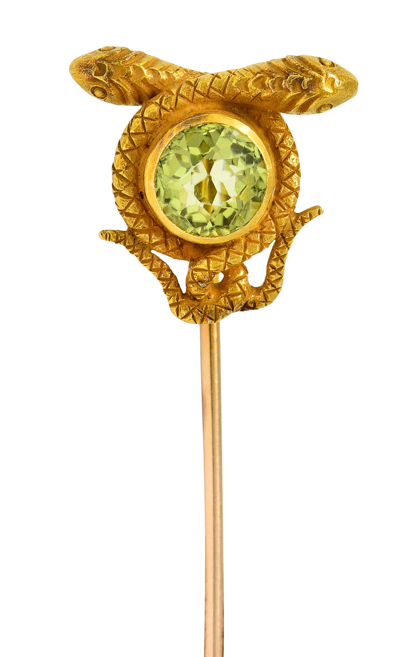 Victorian Peridot 14 Karat Yellow Gold Love Knot Snake Stickpin Wilson's Estate Jewelry