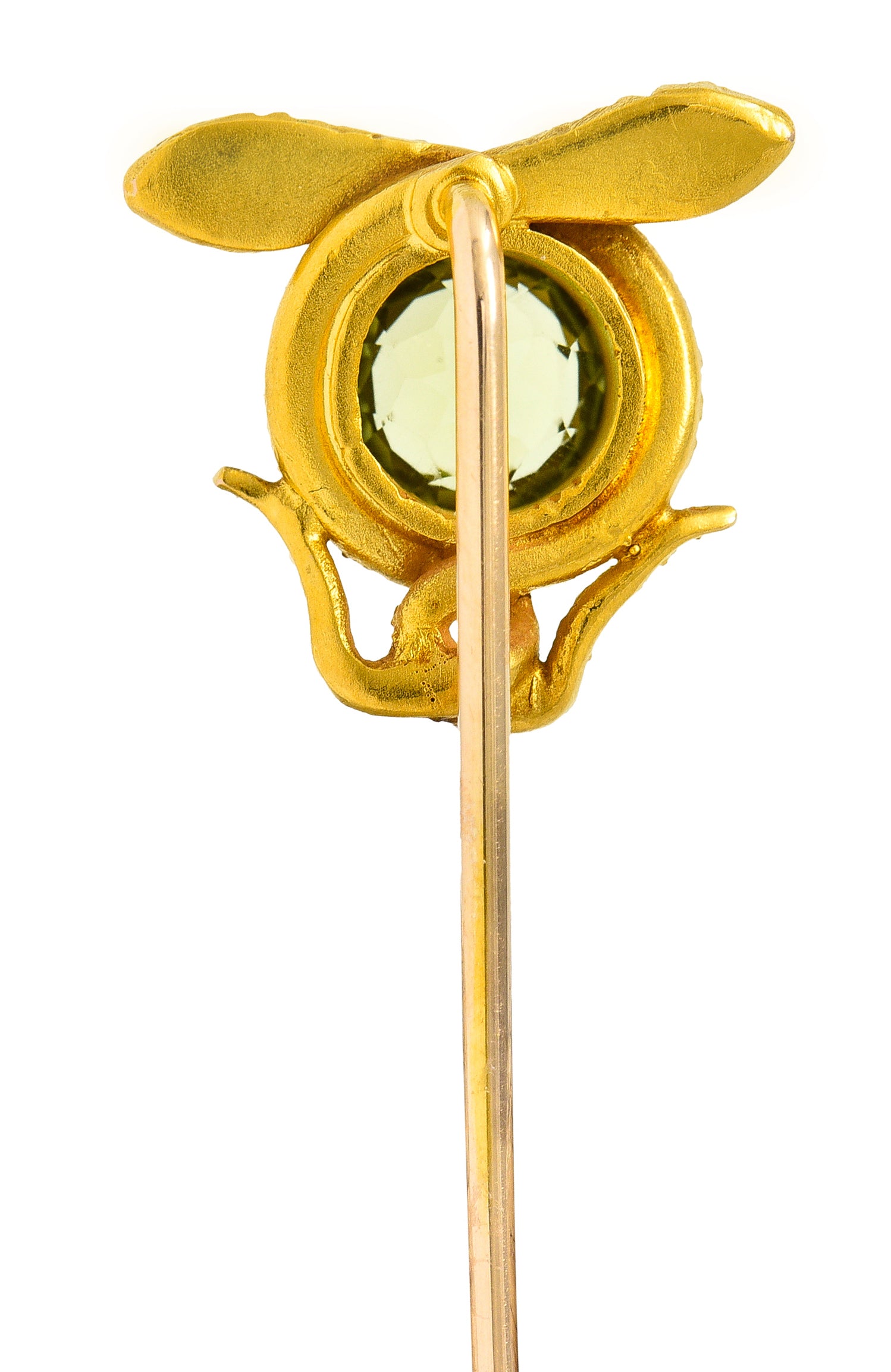 Victorian Peridot 14 Karat Yellow Gold Love Knot Snake Stickpin Wilson's Estate Jewelry