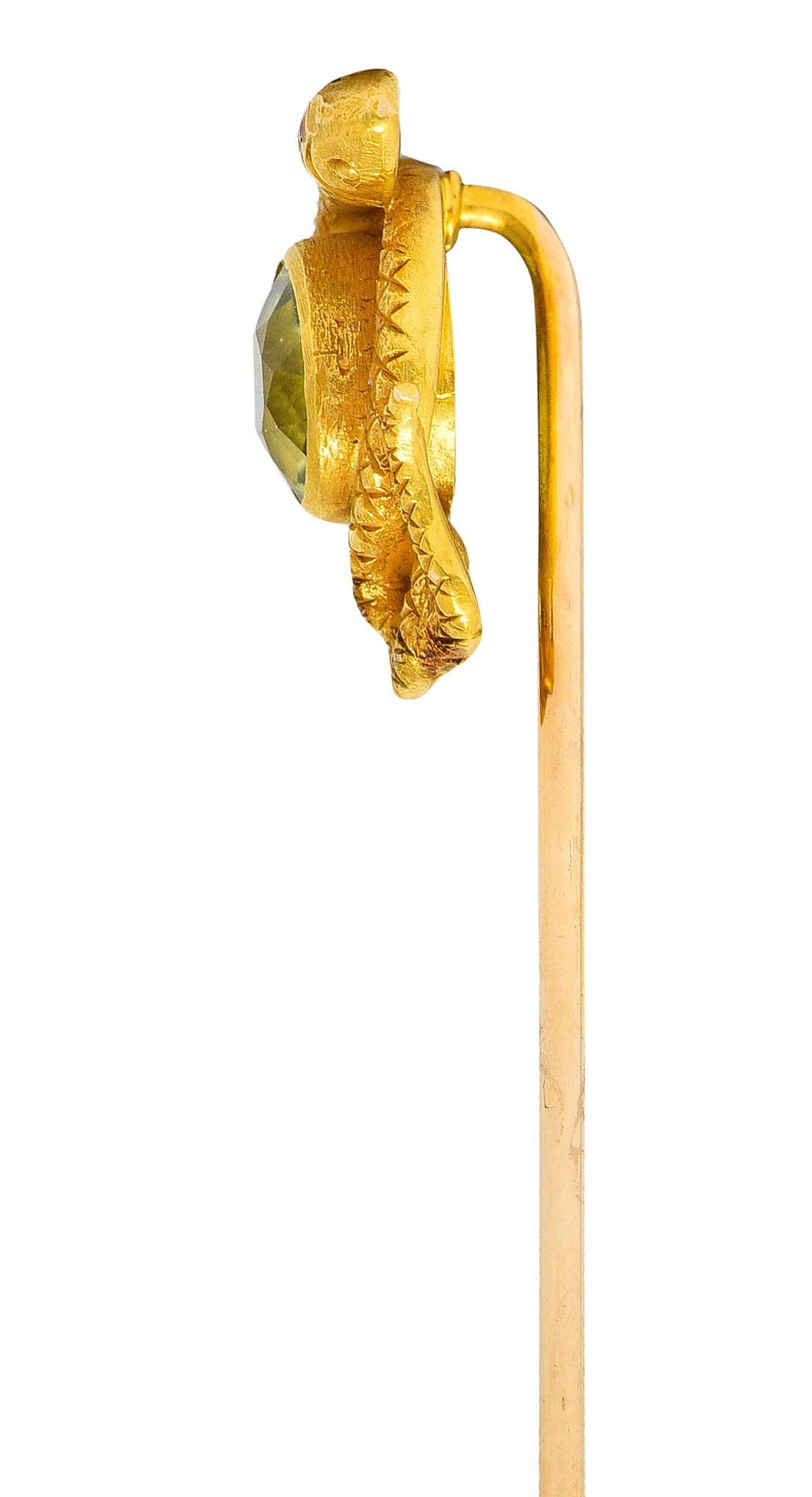 Victorian Peridot 14 Karat Yellow Gold Love Knot Snake Stickpin Wilson's Estate Jewelry