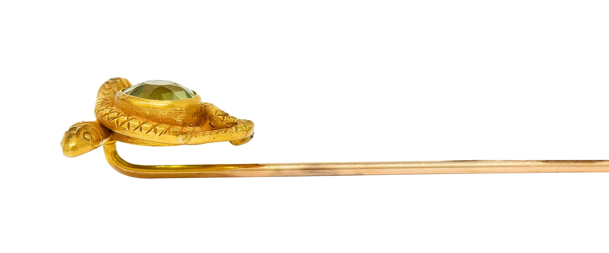 Victorian Peridot 14 Karat Yellow Gold Love Knot Snake Stickpin Wilson's Estate Jewelry