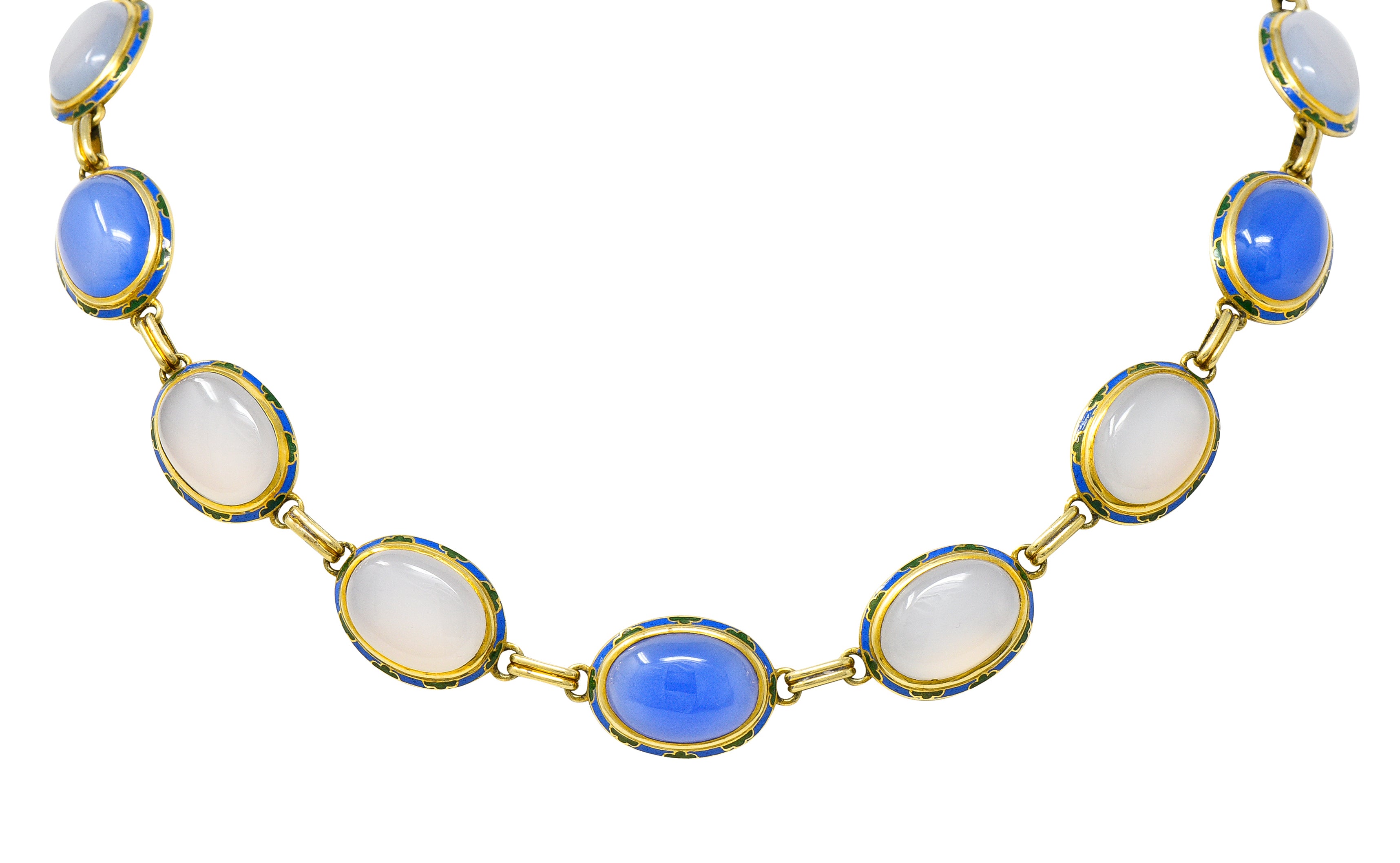 Art Deco Enamel Blue Chalcedony 14 Karat Yellow Gold Gemstone Link Collar Necklace Wilson's Estate Jewelry