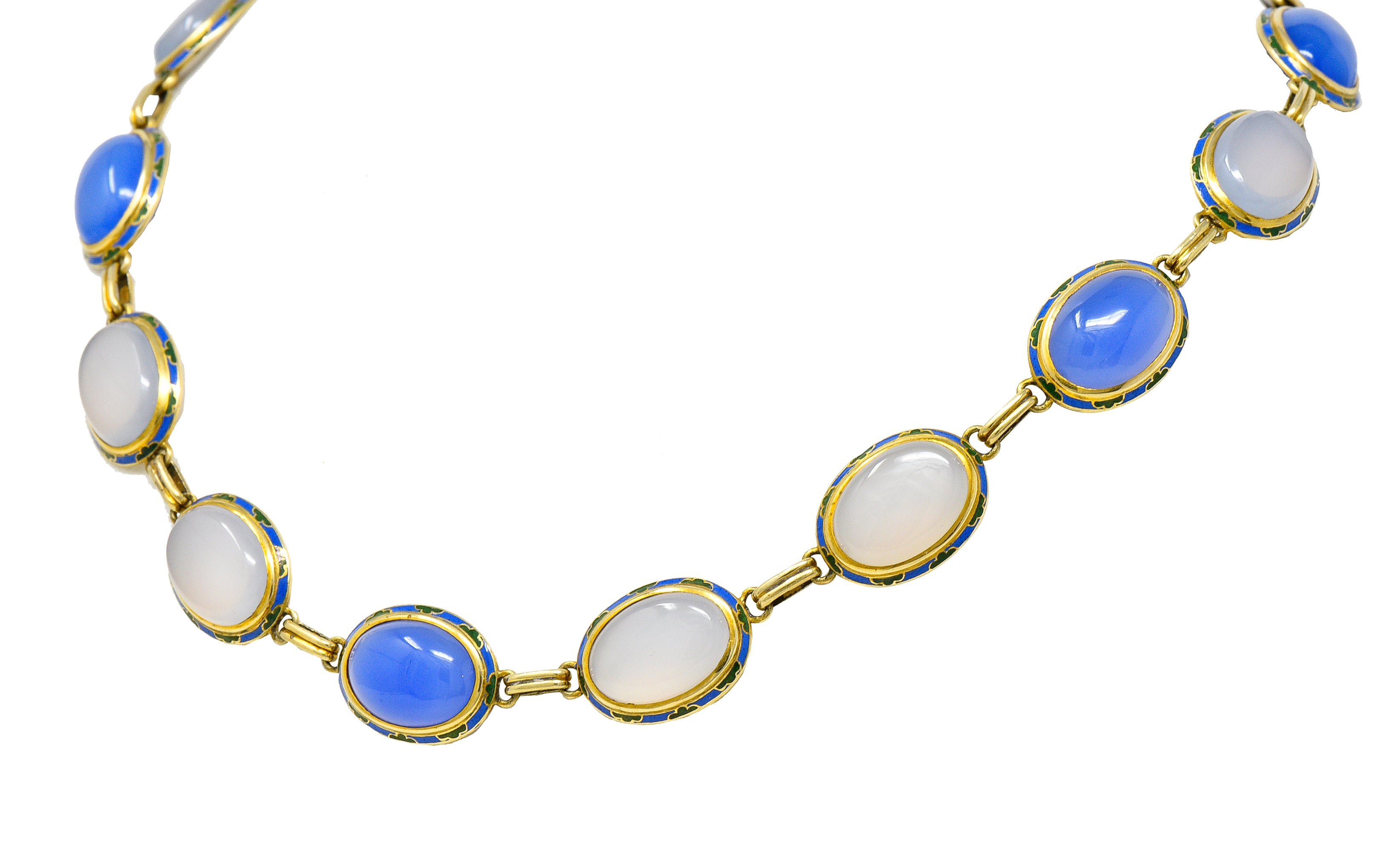 Art Deco Enamel Blue Chalcedony 14 Karat Yellow Gold Gemstone Link Collar Necklace Wilson's Estate Jewelry