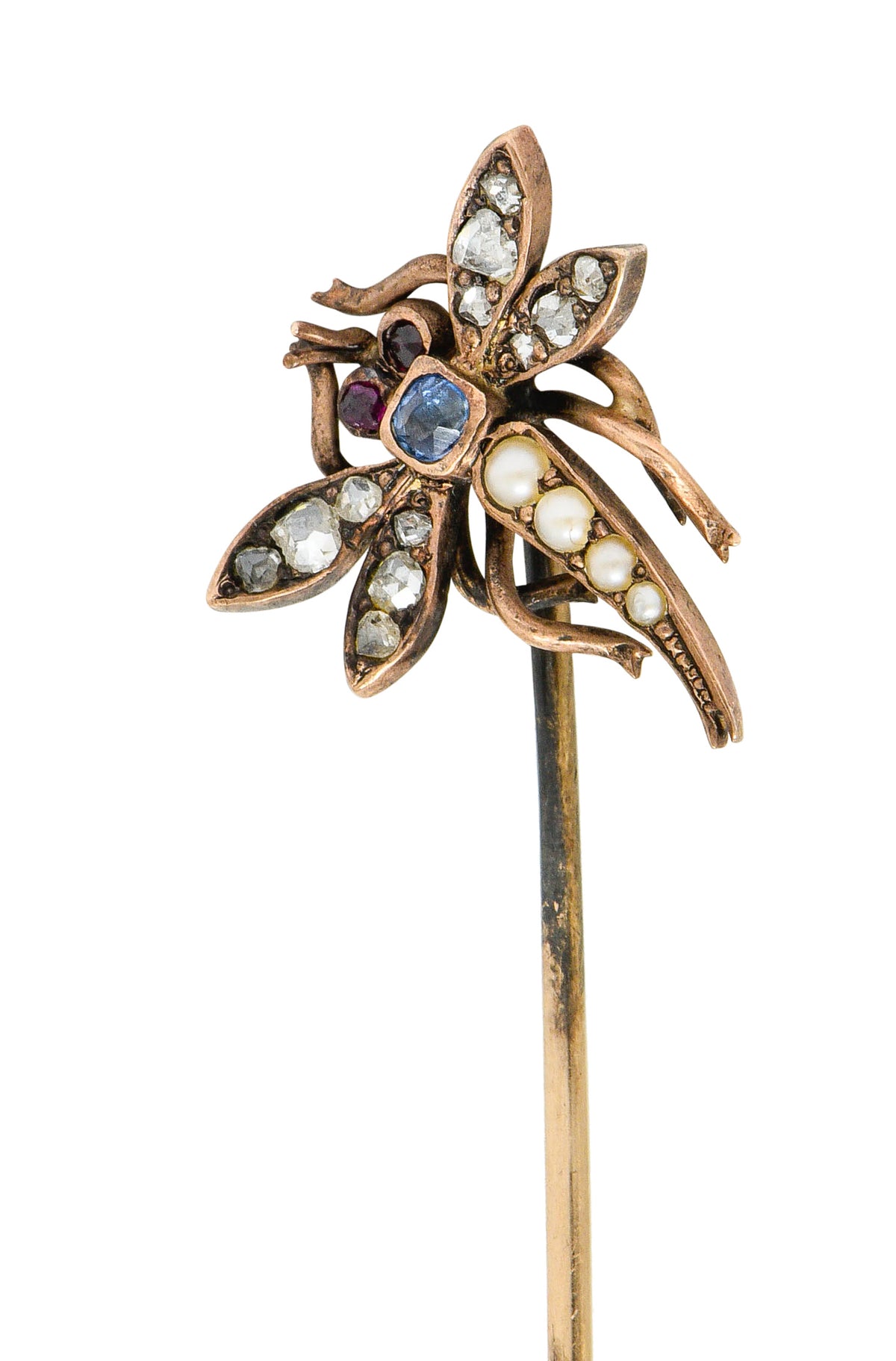 Victorian Pearl Diamond Sapphire Ruby 14 Karat Rose Gold Dragonfly StickpinStick Pin - Wilson's Estate Jewelry