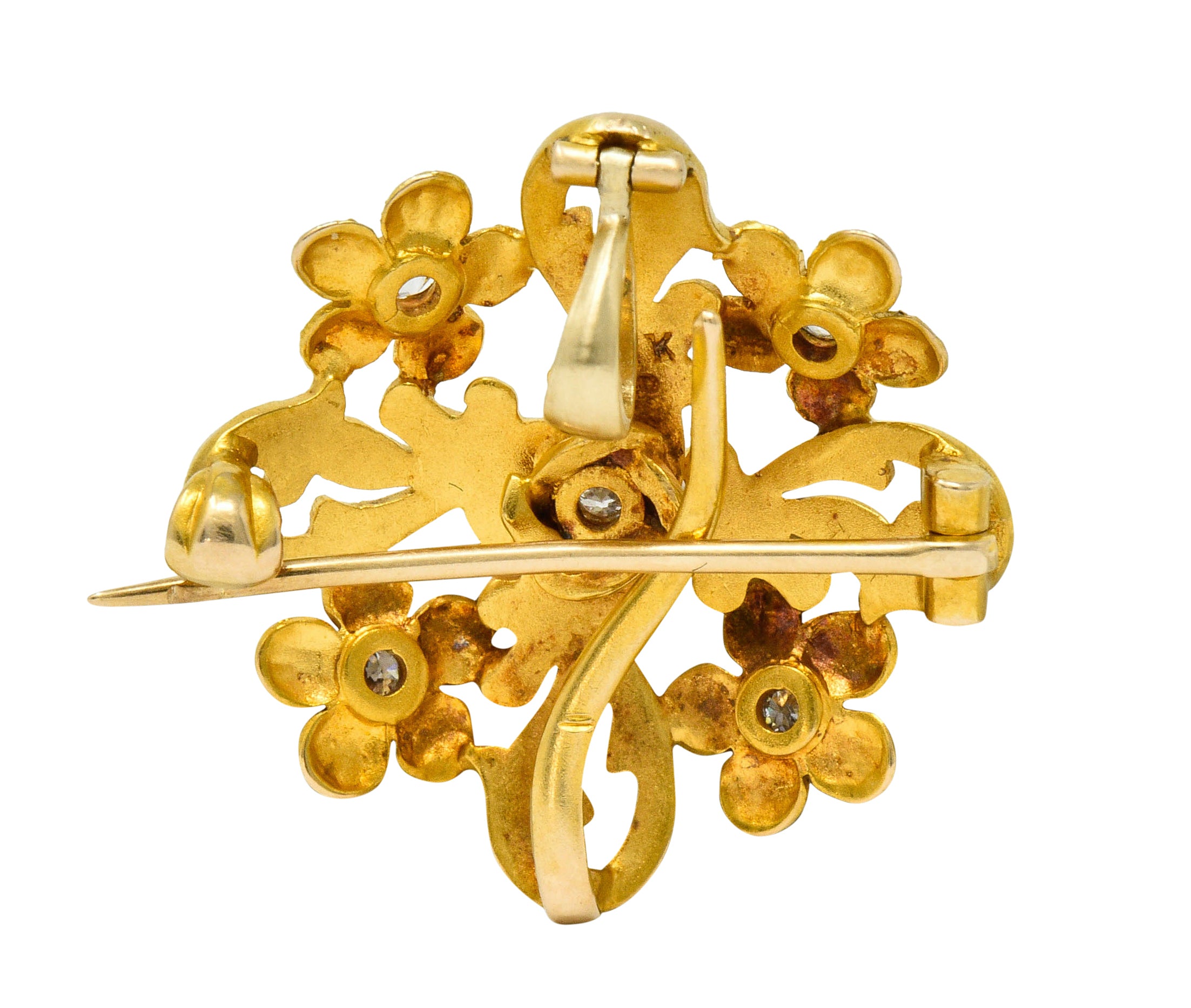 Art Nouveau Diamond 14 Karat Gold Whiplash Floral Pendant BroochBrooch - Wilson's Estate Jewelry