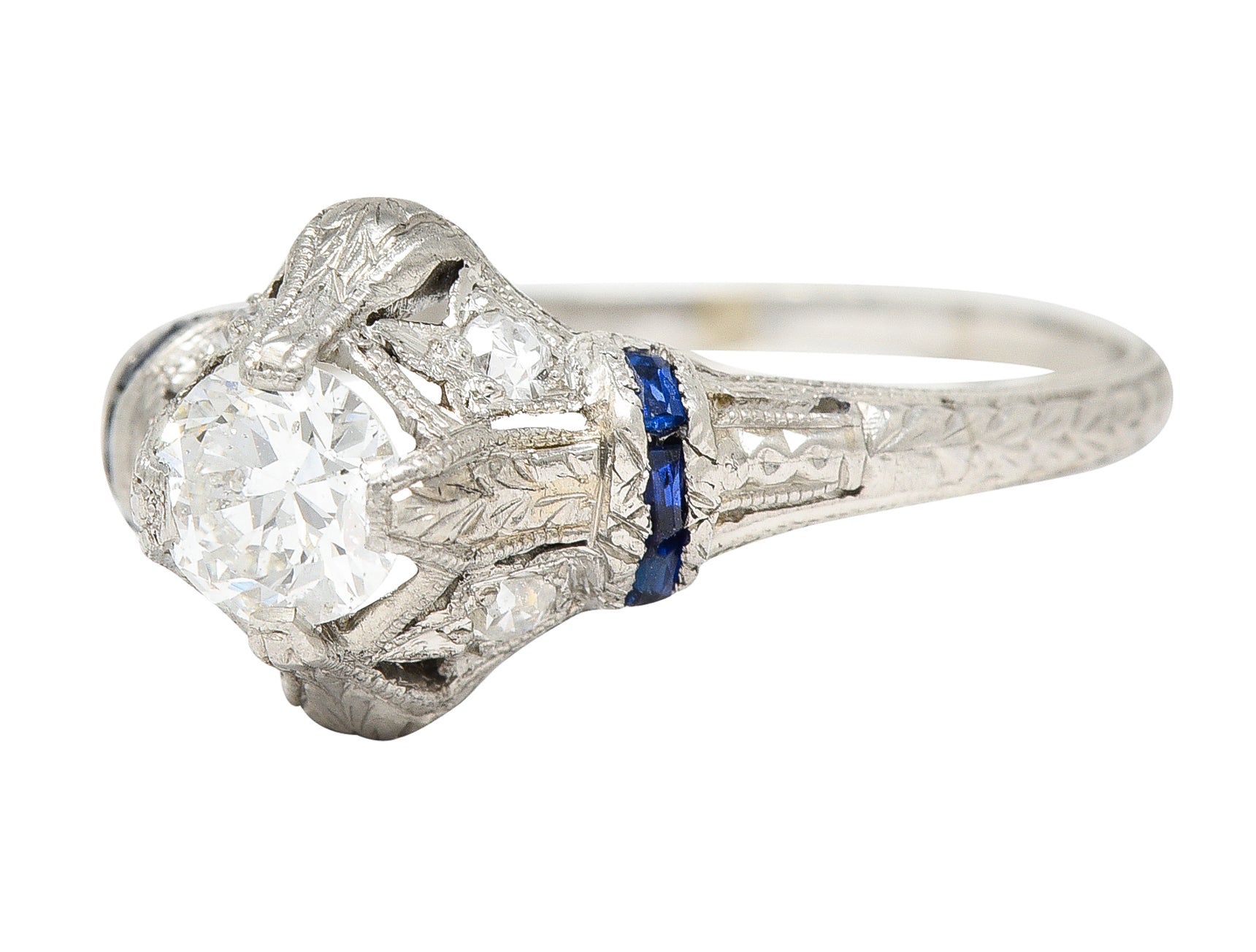 Art Deco 0.48 CTW Diamond Sapphire Platinum Foliate Engagement Ring Wilson's Estate Jewelry