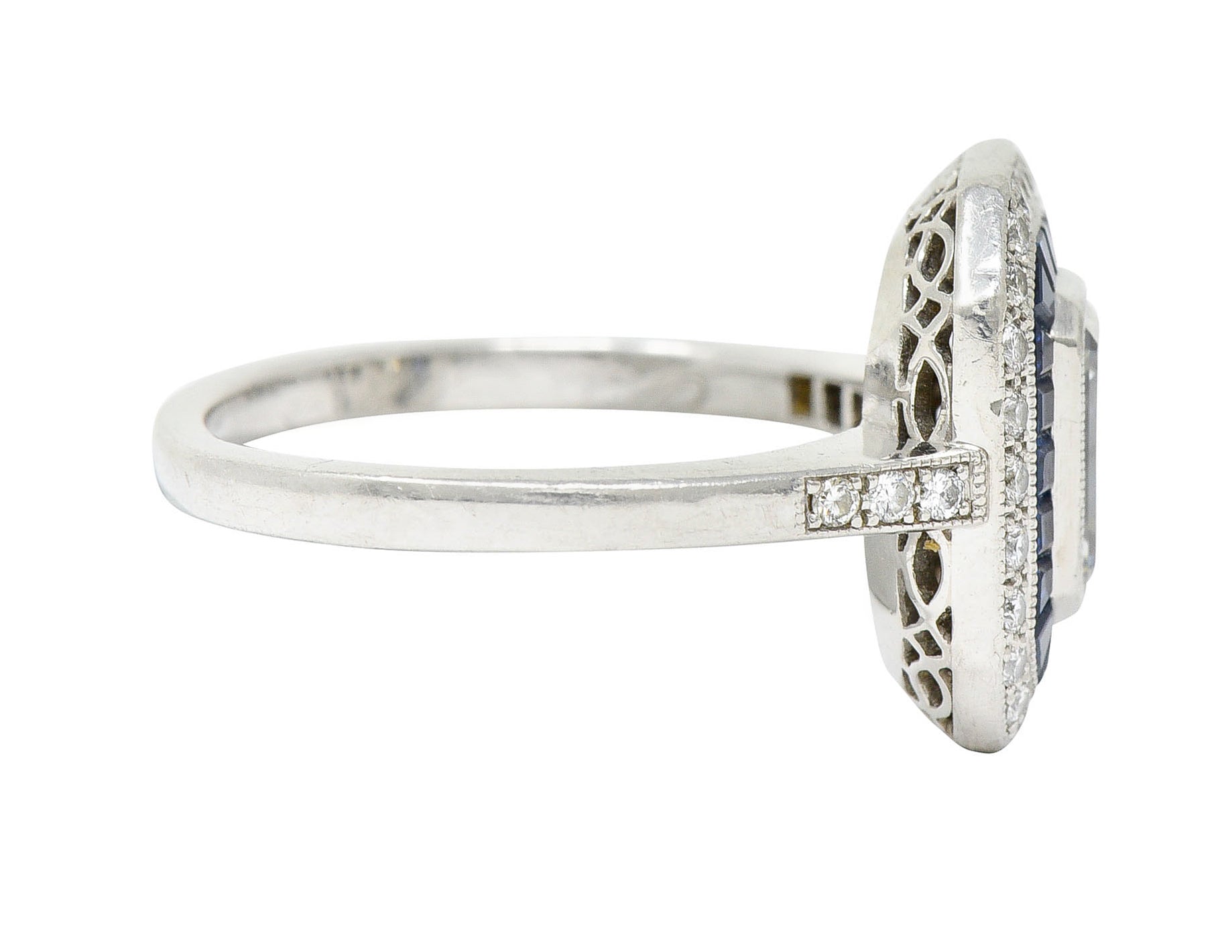 Vintage 2.20 CTW Emerald Cut Diamond Sapphire Platinum Halo Engagement RingRing - Wilson's Estate Jewelry