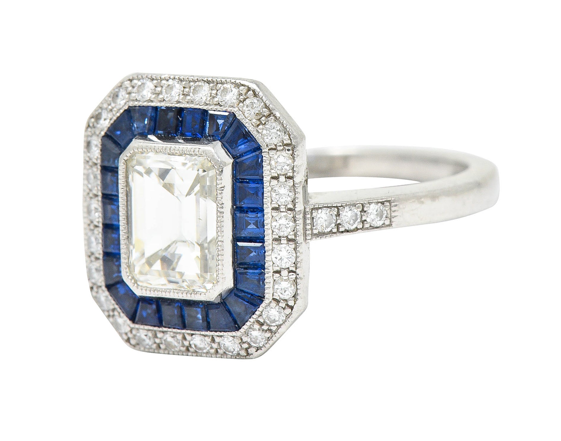 Vintage 2.20 CTW Emerald Cut Diamond Sapphire Platinum Halo Engagement RingRing - Wilson's Estate Jewelry