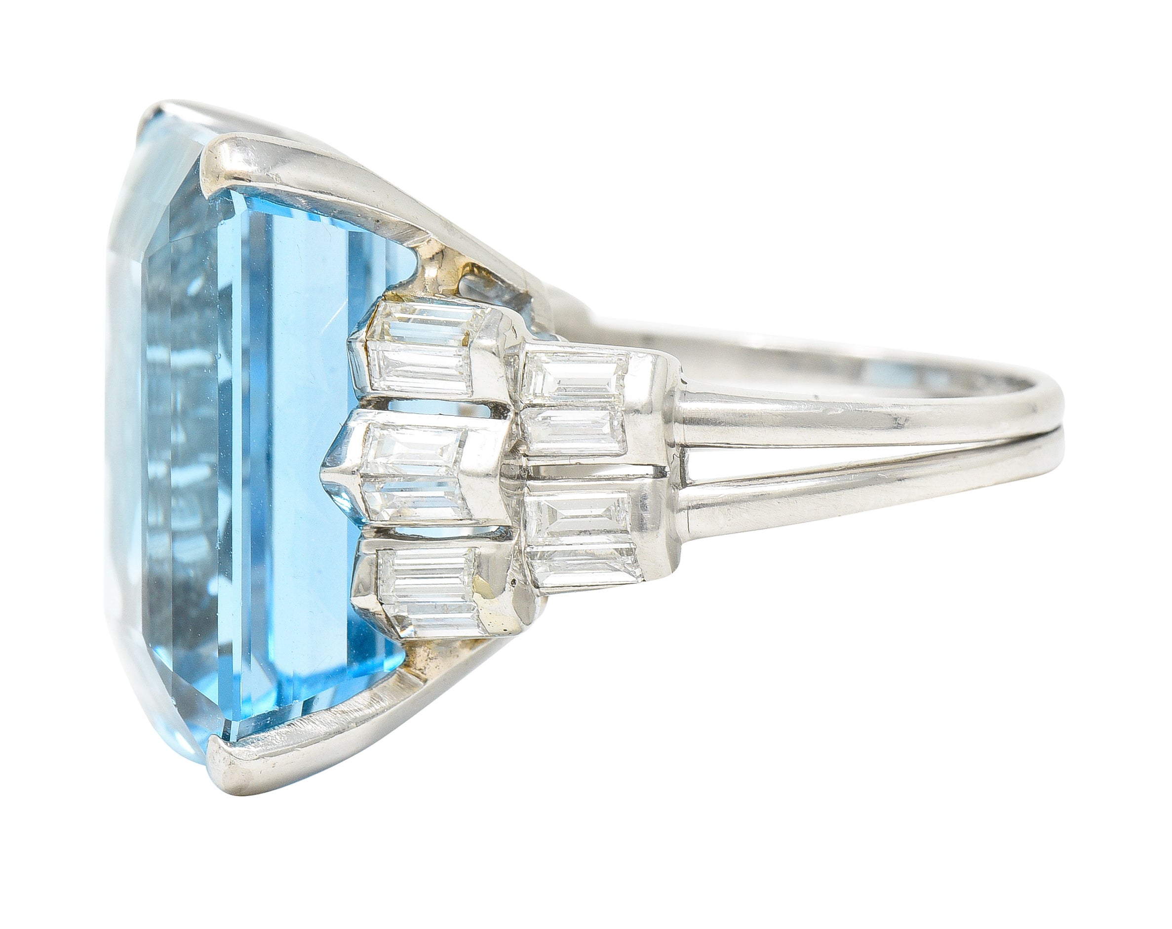 Mid-Century 25.76 CTW Emerald Cut Aquamarine Baguette Cut Diamond Platinum Stepped Chevron Antique Cocktail Ring Wilson's Estate Jewelry