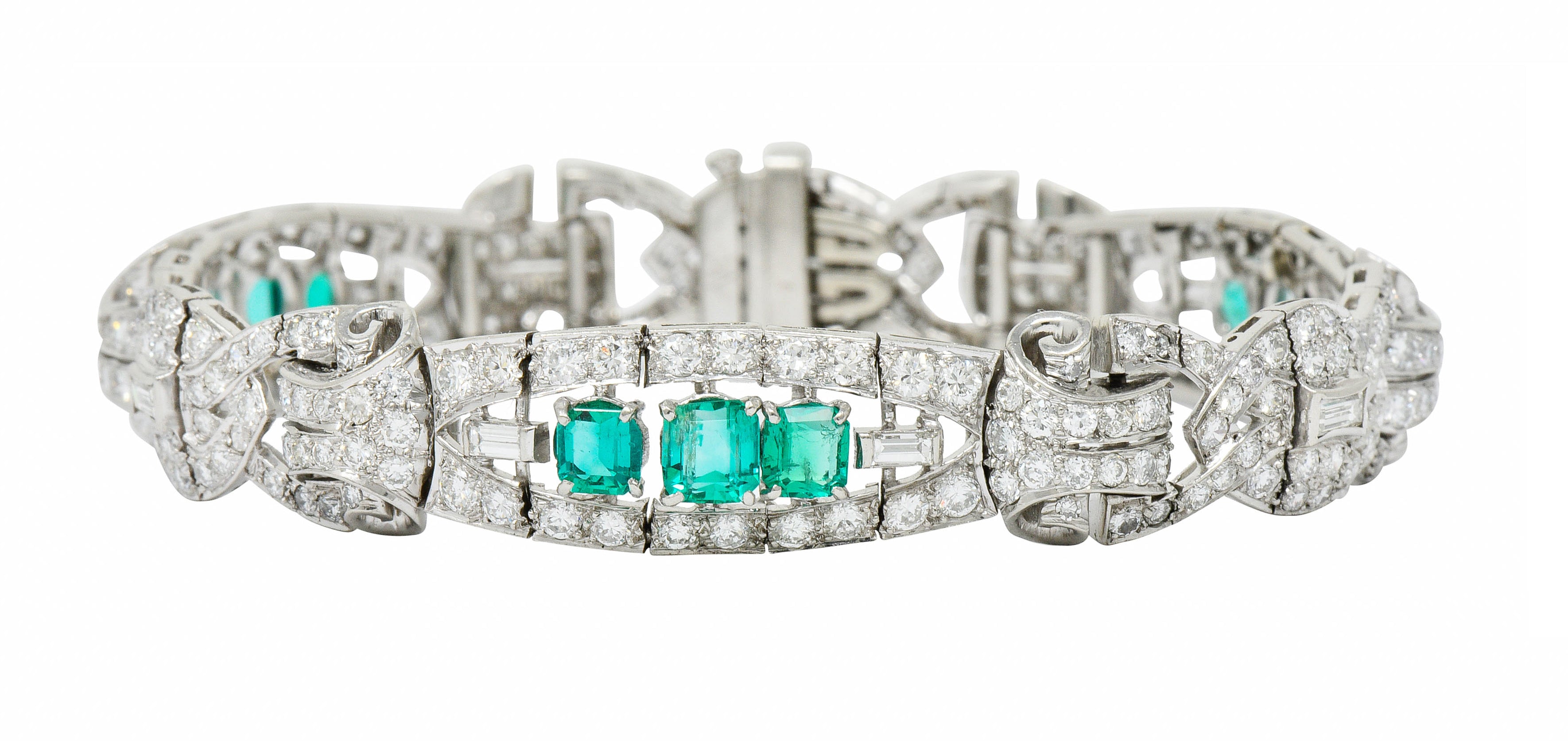 1950's Mid-Century 9.55 CTW Emerald Diamond Platinum Scrolled Link Braceletbracelet - Wilson's Estate Jewelry
