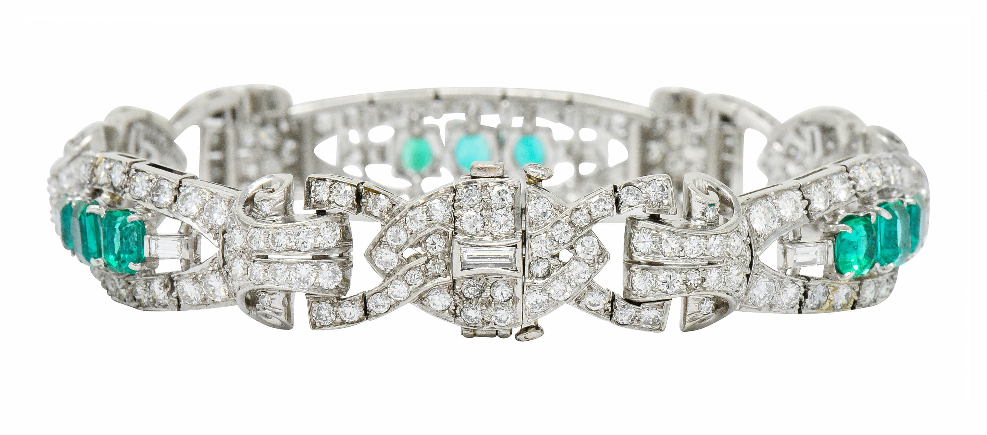 1950's Mid-Century 9.55 CTW Emerald Diamond Platinum Scrolled Link Braceletbracelet - Wilson's Estate Jewelry