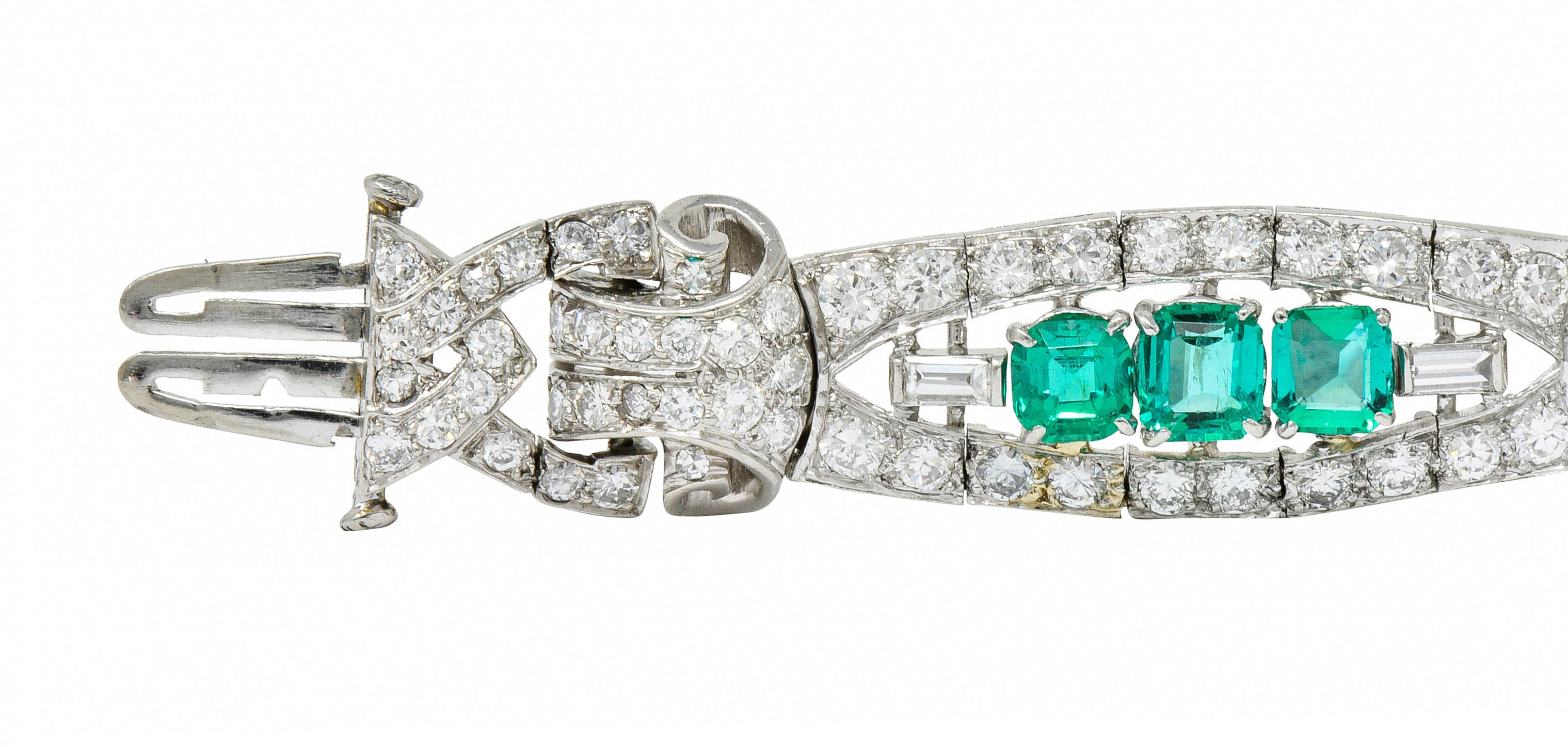 1950's Mid-Century 9.55 CTW Emerald Diamond Platinum Scrolled Link Braceletbracelet - Wilson's Estate Jewelry